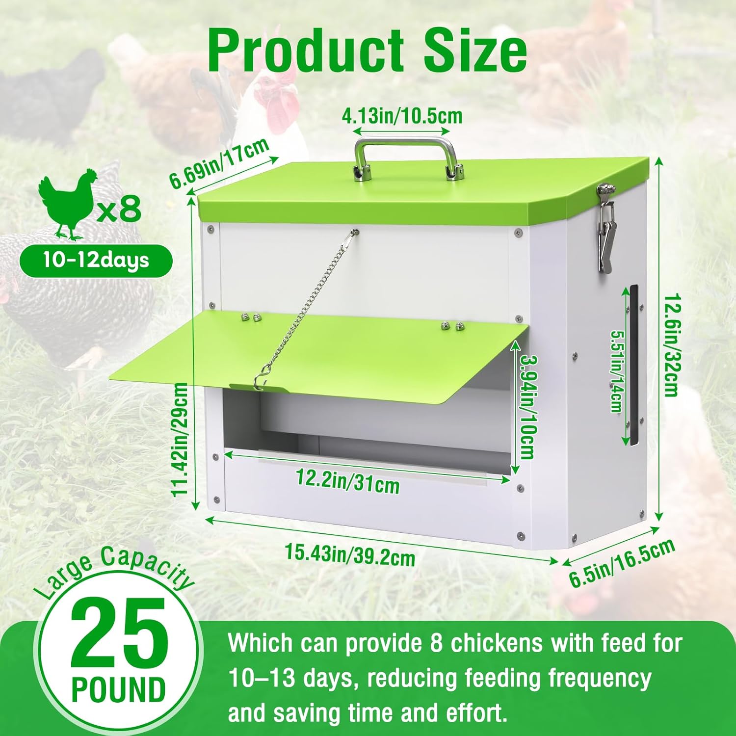 25LBS Automatic Chicken Feeder-No Waste Metal Poultry Feeder with View Window & Rain Cover,Hanging Chicken Food Dispenser for Outdoor Coops，No Assembly, Rodent Proof