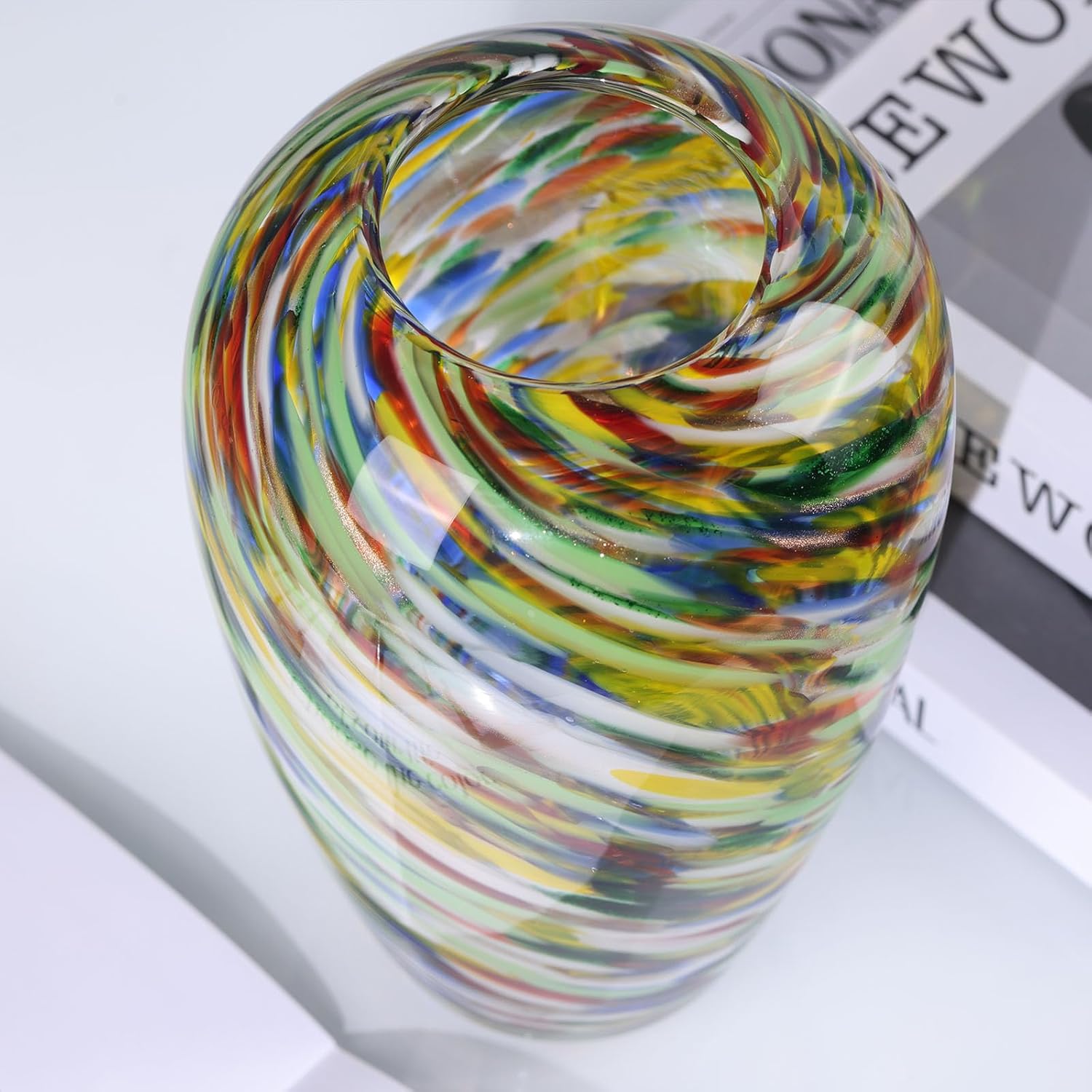 9" Tall Yellow Hand Blown Glass Vases for Home Decor,Modern Wide Mouth Flower Vase Table Centerpieces,Colored Coastal Sea Glass Art for Bookshelf,Bathroom,Counterto,Wedding