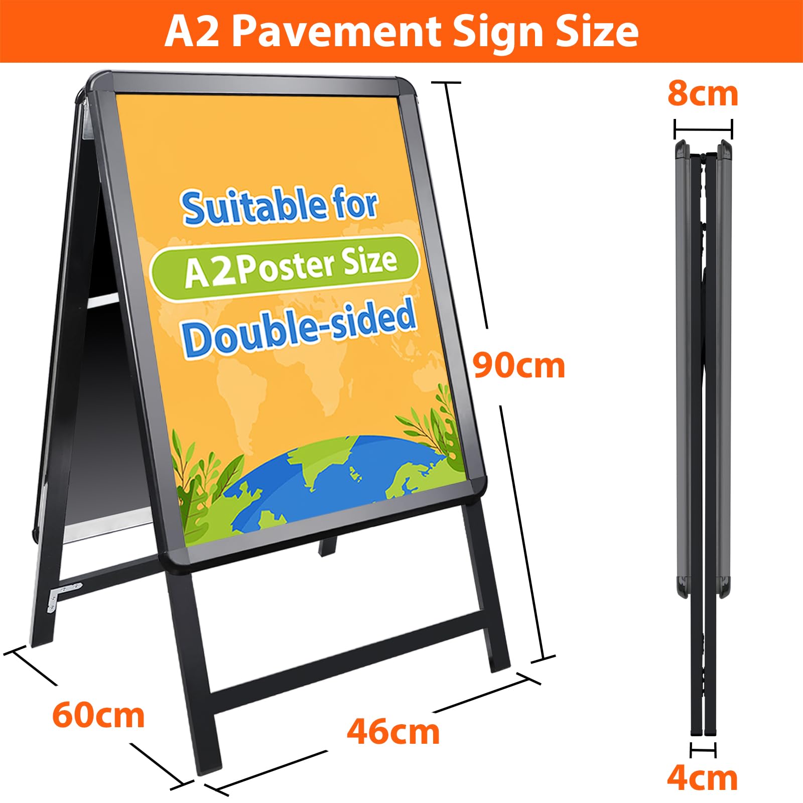 A2 Tablica A Tablica chodnikowa - dwustronna tablica plakatowa aluminiowa ramka tablica znak do stojaka reklamowego zewnętrznego, czarny
