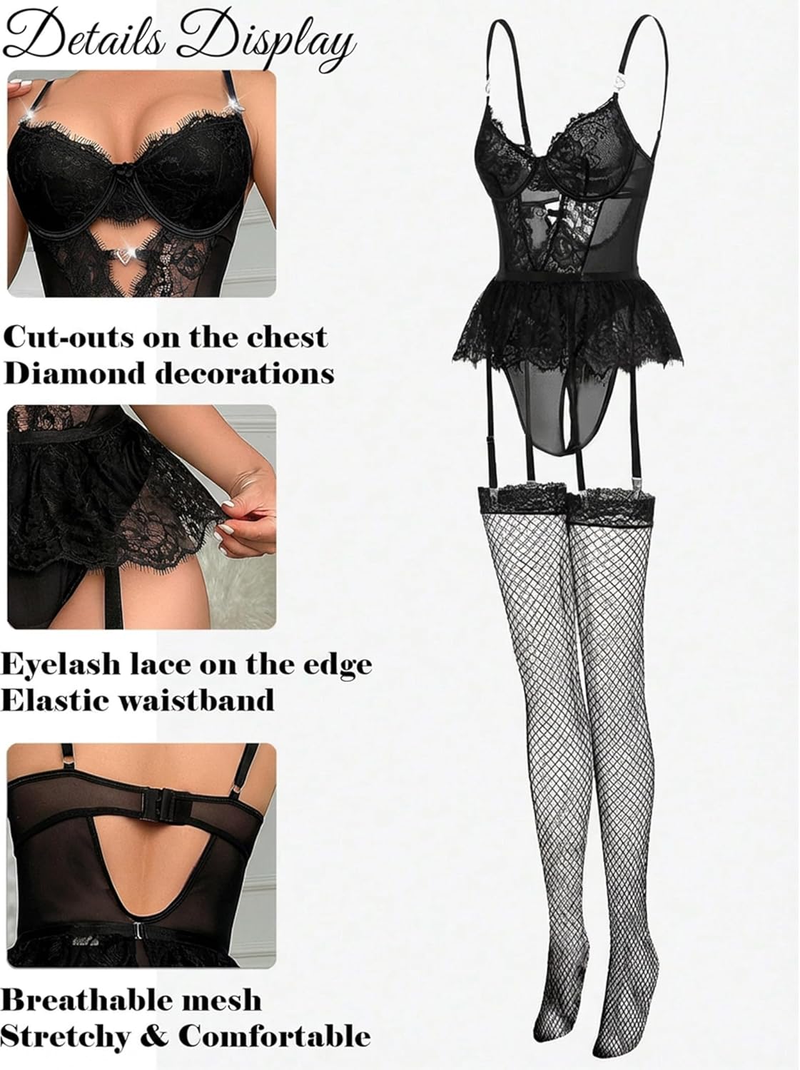 Women Lingerie Set Naughty Lace Bodysuit High Waisted Underwire Lingerie Babydoll With Garter Belt and Stockings - Image 7