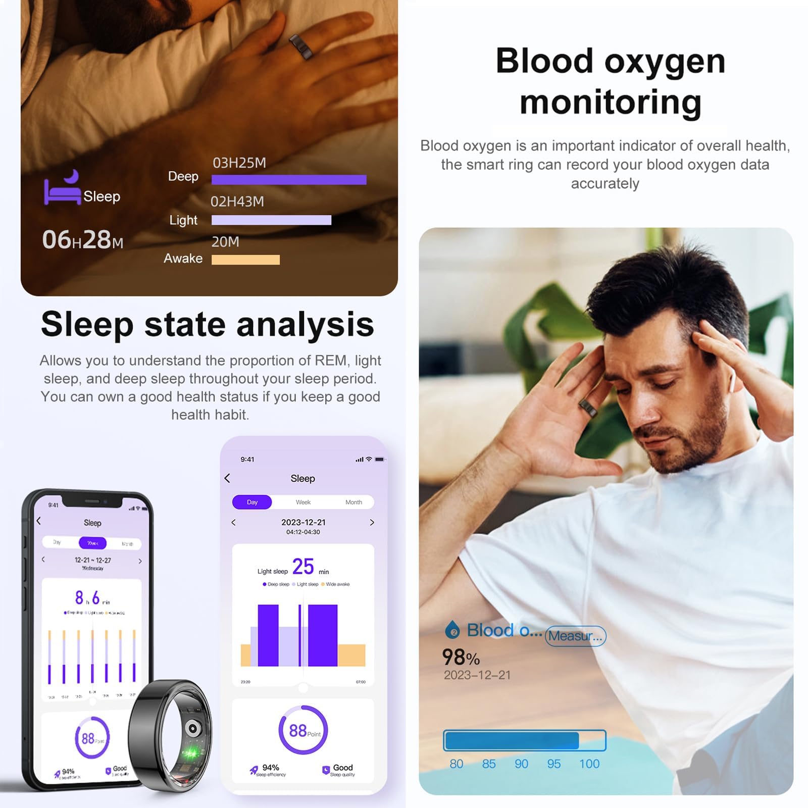 findtime Bague intelligente de fitness pour homme et femme, étanche IP68, avec podomètre, calories, fréquence cardiaque, suivi du sommeil, Android iOS