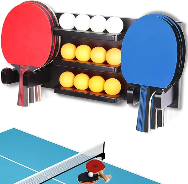 Onemacc Ping Pong Paddle Holder, Ping Pong Paddle Storage Rack Wall Mounted Holds 8 Paddles and 12 Balls, Table Tennis Racket Display Organizer for Game Room,Home