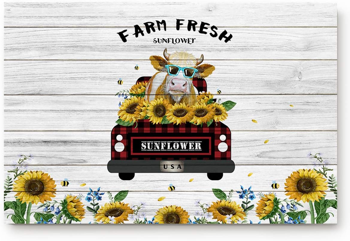Cow Doormats Cow Kitchen Rug Entrace Door Rug Farm Animal Buffalo Check Plaid Truck with Sunflower Farmhouse Rugs for Indoor/Bathroom/Kitchen/Bedroom/Entryway Floor Mat Decorative, Non-Slip 18x30