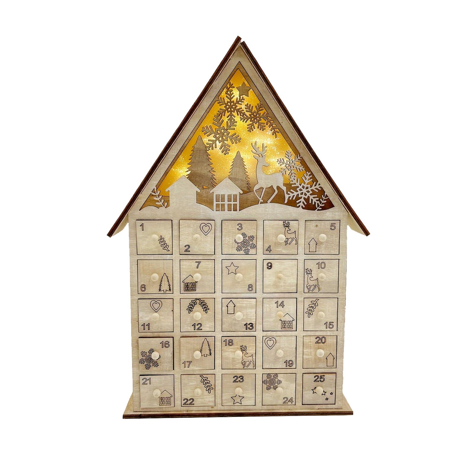 Festival Adventskalender Aus Geschnitztem Holz Beleuchteter Adventskalender Aus Holz Mit 24 Schubladen Und Weihnachtsbaum Rentier Dekorationen Einzigartige Weihnachten