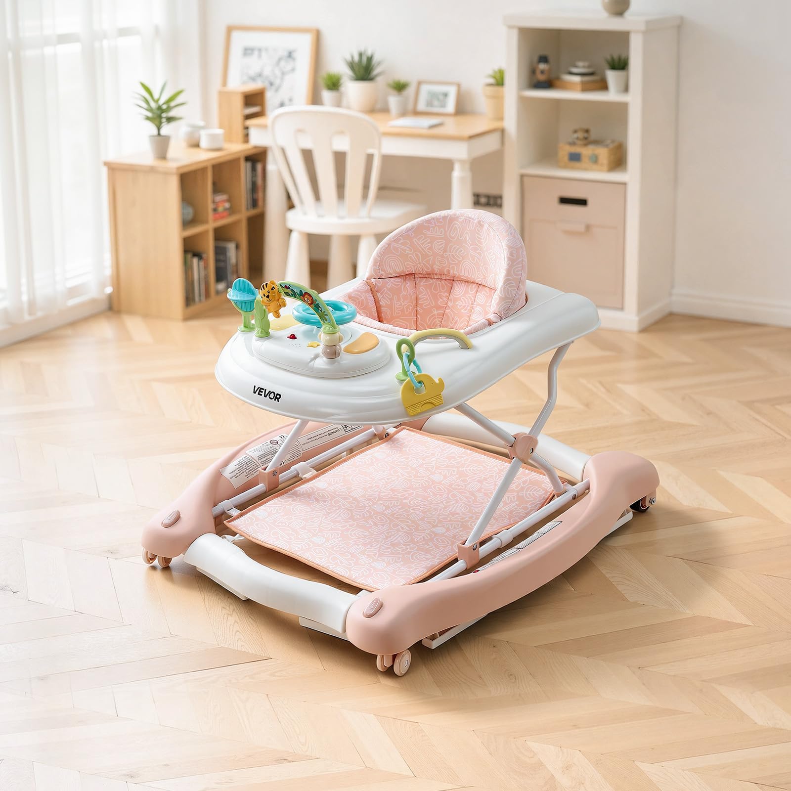 VEVOR Andador 5 en 1, Centro de Actividades Plegable con Ruedas, con Altura Ajustable y Cómodo Asiento de Respaldo Alto, Ayuda Antivuelco para Niños de 6 a 24 Meses, 720 x 665 x 530 mm, Rosa