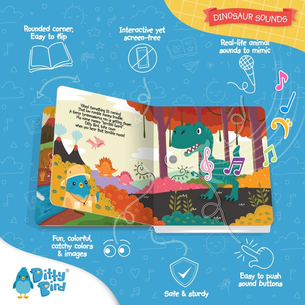 Ditty Bird Dinosaur Book for Toddlers | Realistic Dino Sound Book | Interactive T-Rex Board Books for Toddlers 1-3 | Sensory, Musical Books for Dino Lovers | Sturdy Nursery Rhyme Toys for Baby - Image 3