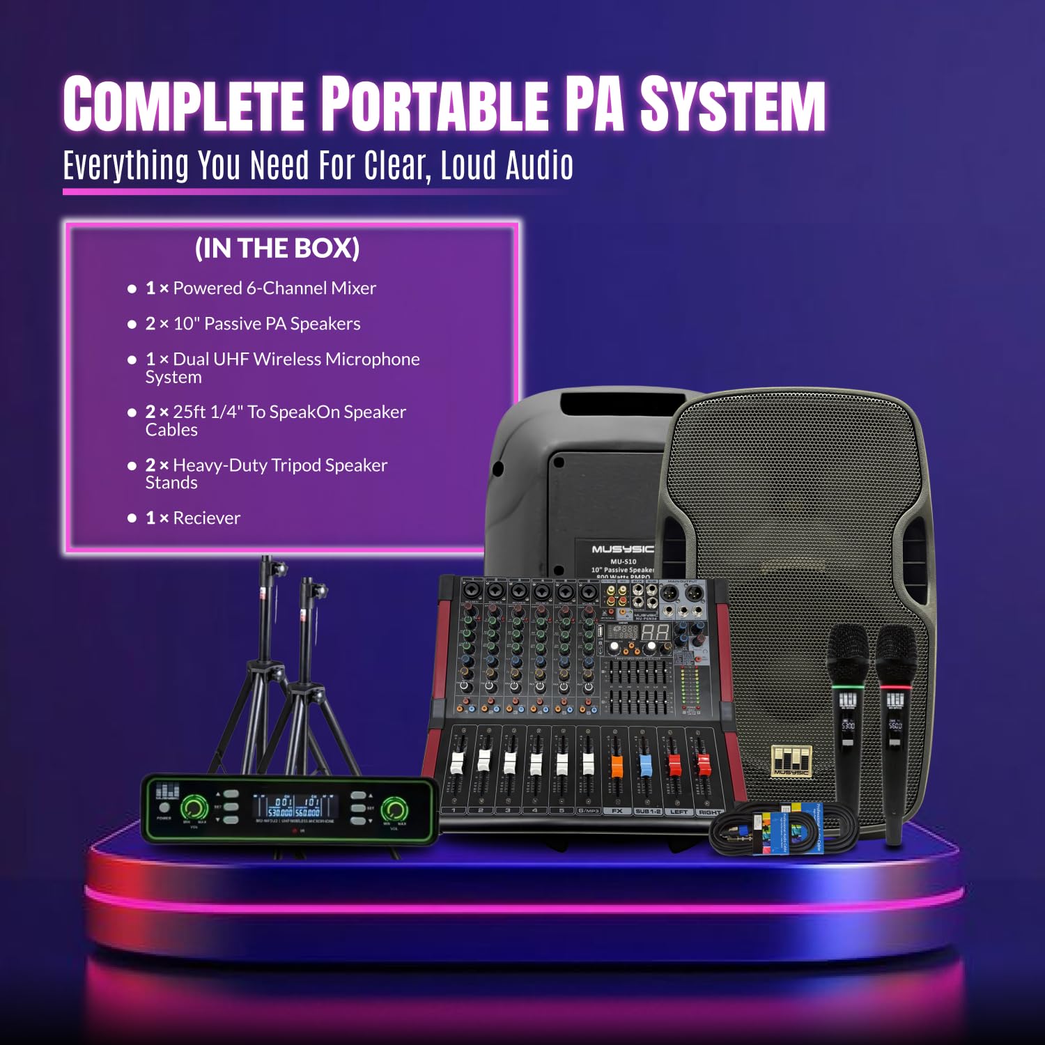 Profi Komplett 2000 Watt komplett PA System 6 CH Mixer 25,4 cm Lautsprecher Dual Wireless Mikrofone Ständer