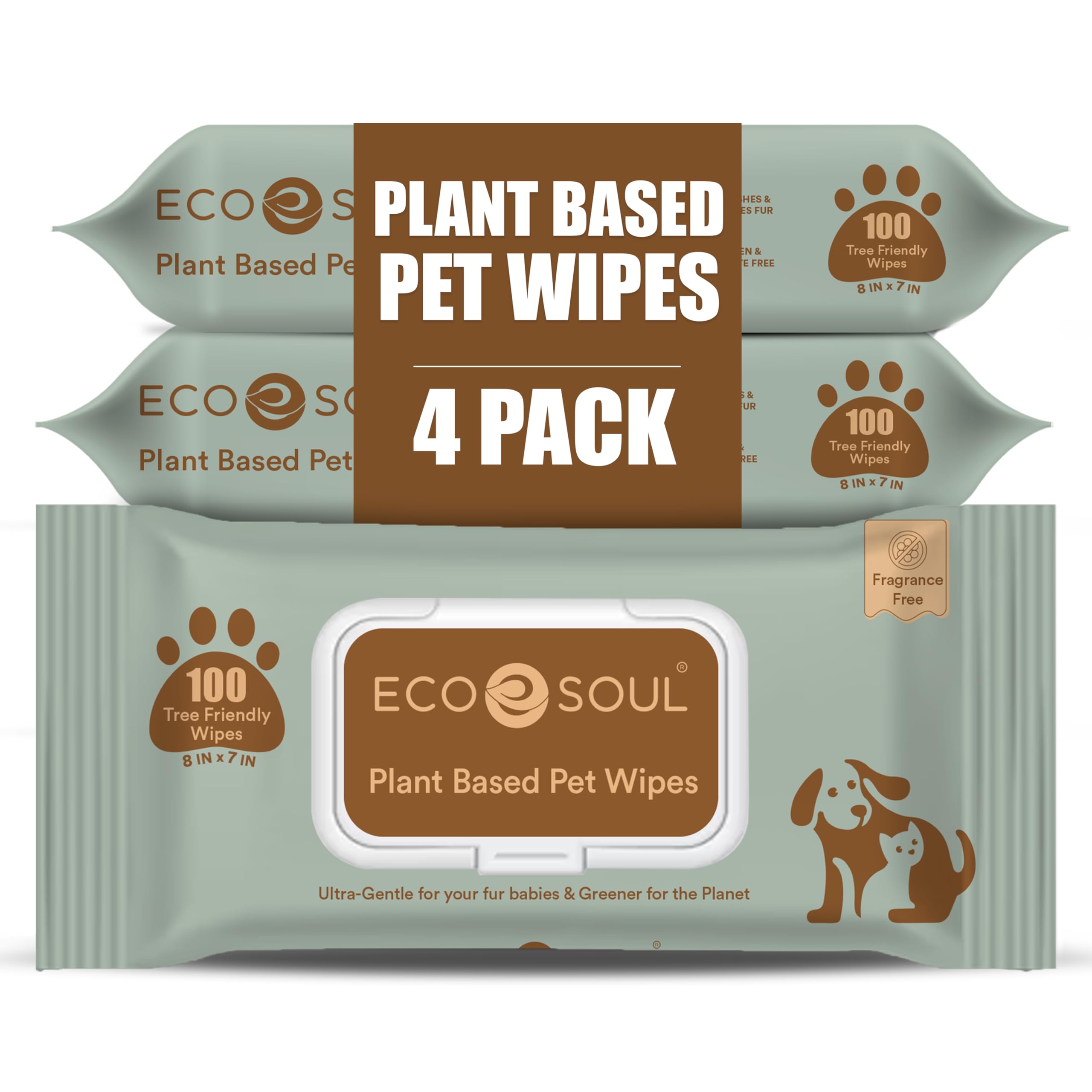 ECO SOUL Pet Wipes for Dogs & Cats, Unscented Large Cleaning Wipes with Aloe Vera & Jojoba Oil | (100 Count Each, Pack of 4)