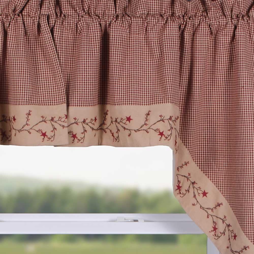 Star Berry Vine Gingham Check Barn Red and Nutmeg 72" Wide x 36" Long Cotton Lined Curtain Swag