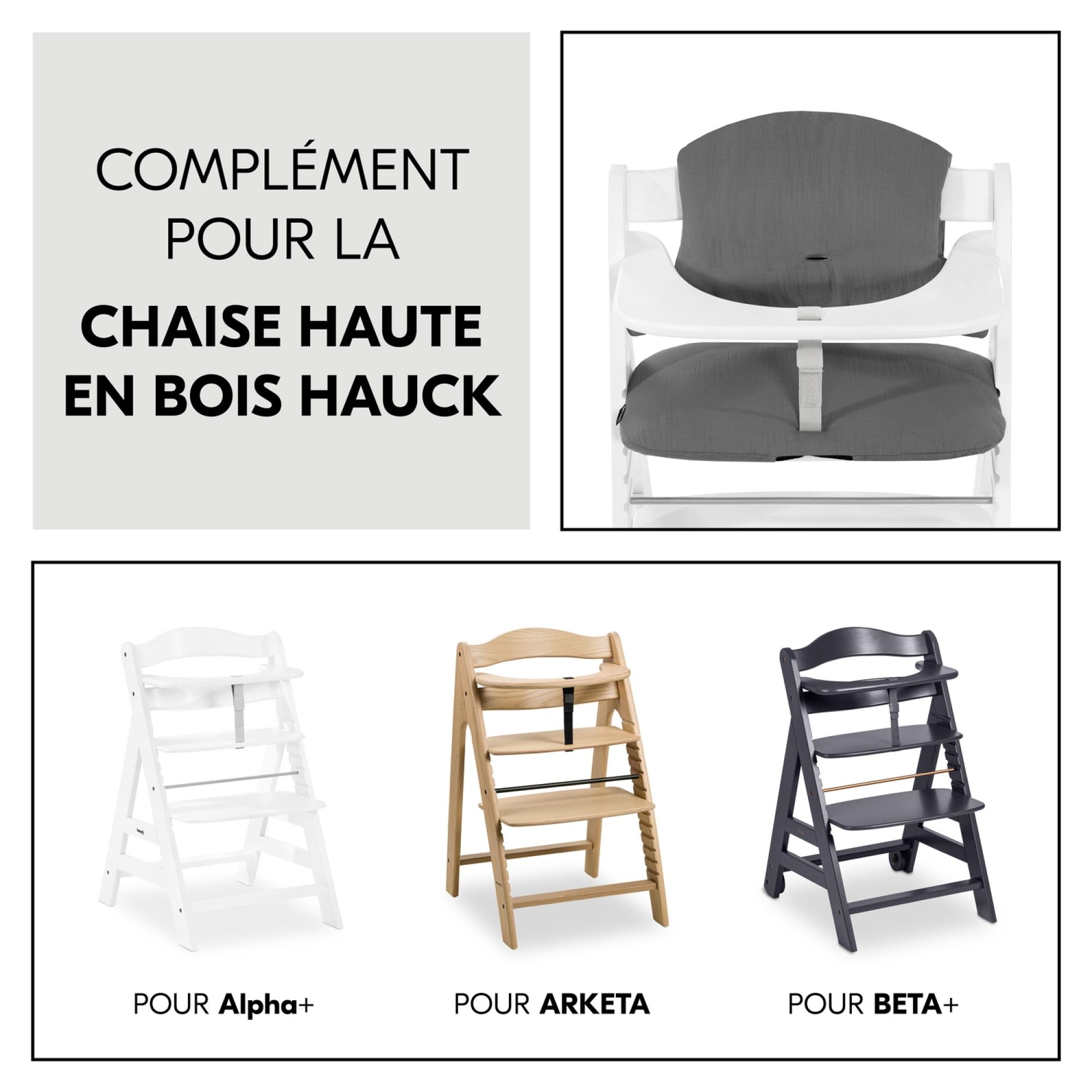 hauck Highchair Pad Select, ciemnoszary muślin - poduszka dla dzieci w wieku 6-36 miesięcy - Akcesoria, kompatybilna z krzesełkiem dla niemowląt Alpha+, beta+ i Arketa - antypoślizgowa i miękka