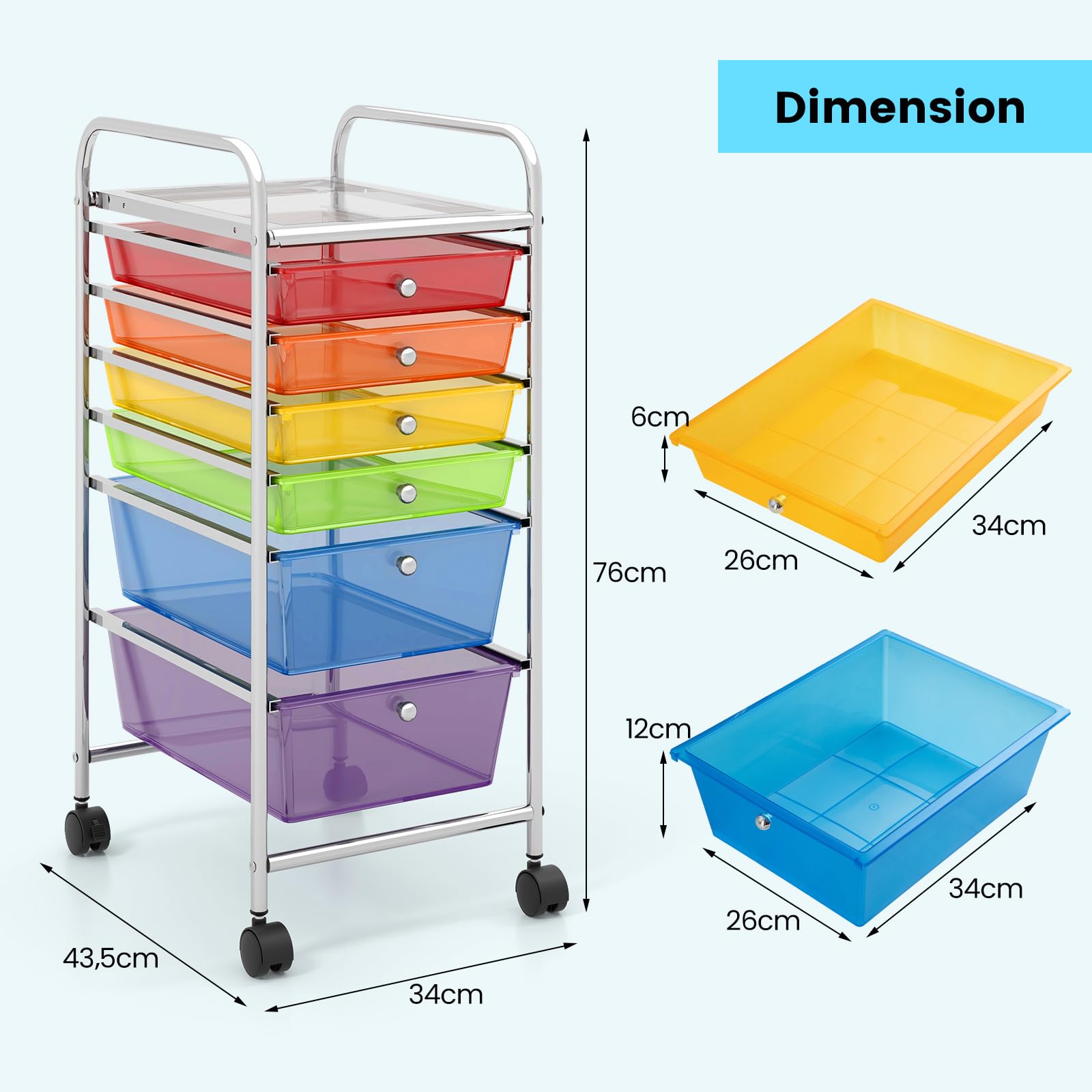 COSTWAY Chariot de Rangement à Roulettes avec 6 Tiroirs Plastiques, Tour de Rangement, Cadre en Métal, Desserte à Roulettes pour Bureau, Salon, Cuisine, Salle de Bain (Multicolore)