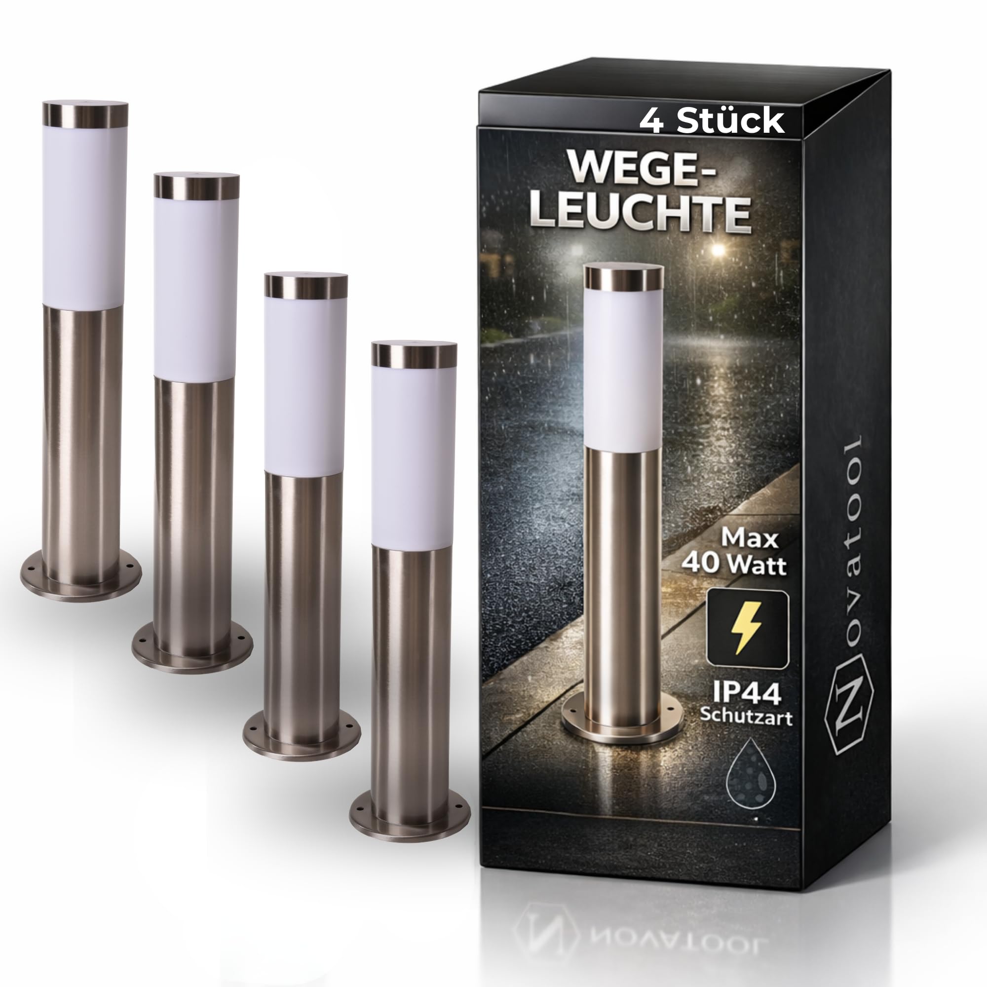 Novatool 4x Wegeleuchte I 45 cm I Edelstahl I IP44 I E27 Sockel I Wegebeleuchtung aussen Aussenleuchten Garten Standleuchte Terassenleuchte Gartenleuchte stehend Terrassenlampe