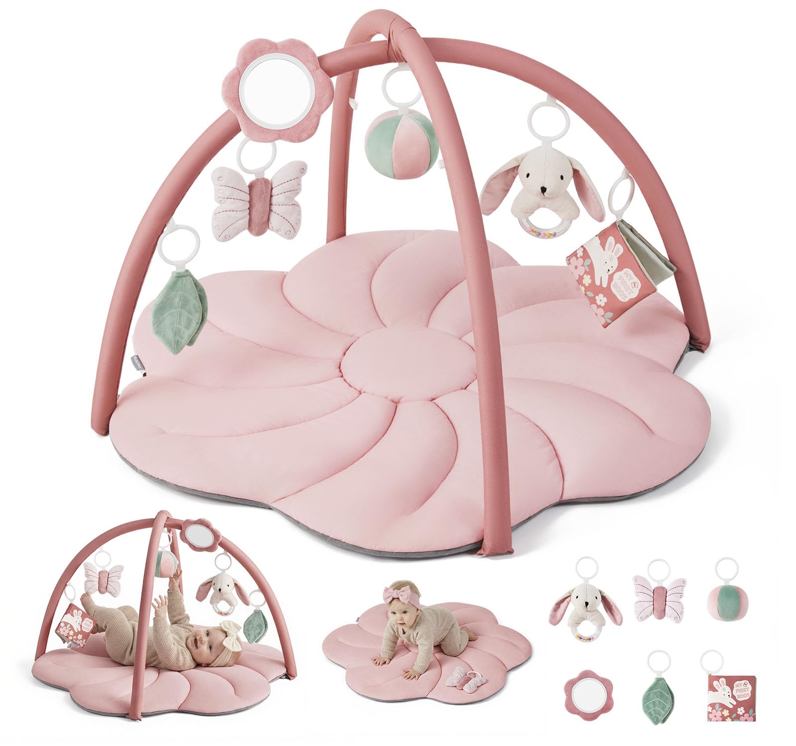 Blissful Diary Baby Play Gym Mat, Tummy Time with 6 Detachable Toys for Sensory & Motor Skill Development, Baby Activity Mat for Girl Boy Newborn Essentials Shower Gift, Pink Floral