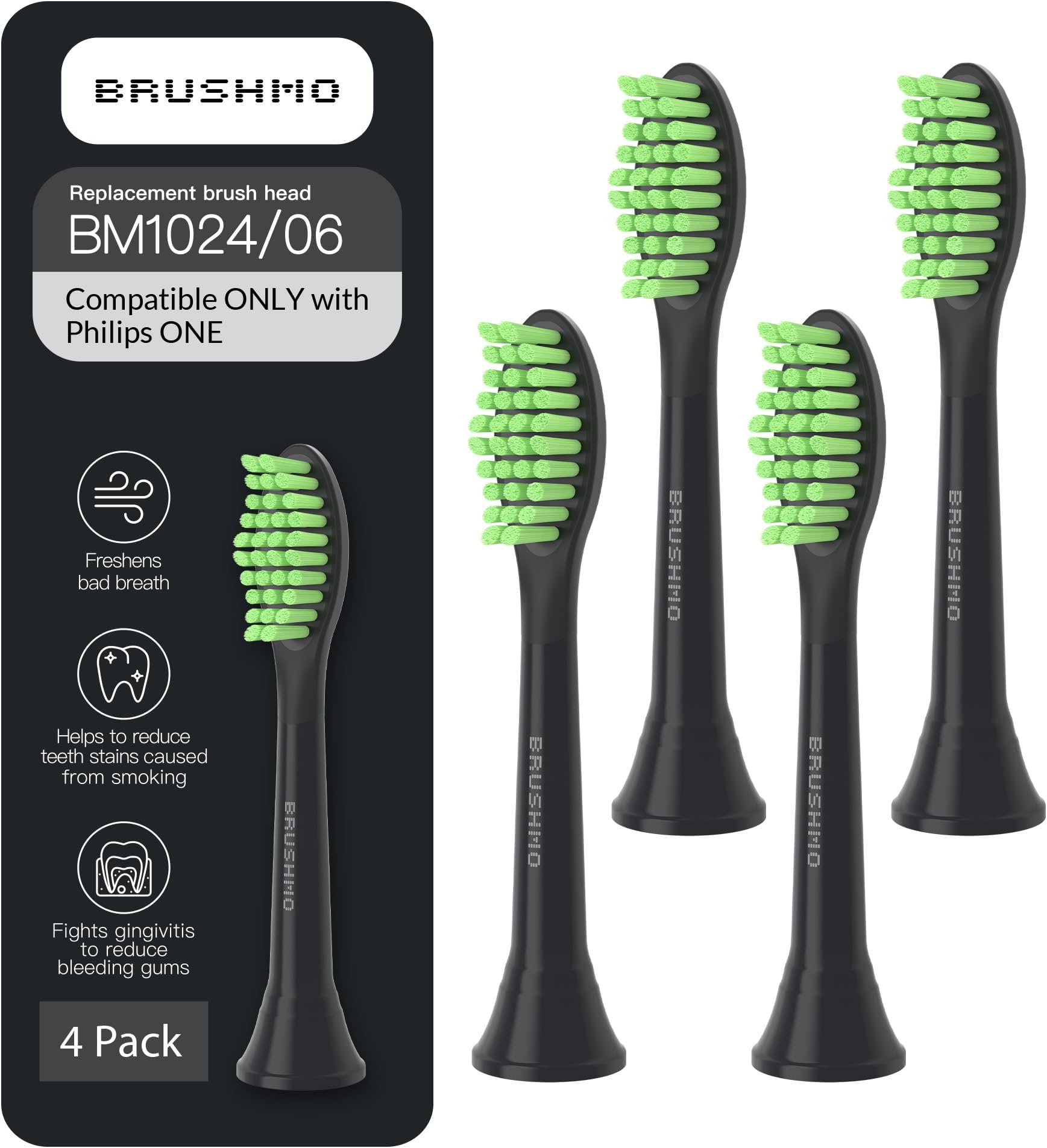 Replacement Toothbrush Heads, Compatible with Philips One for Sonicare Electric Toothbrush Handles HY1022, 4 Standard Heads with Tongue Cleaner, Soft Dupont Bristles, BM124m, Shadow Black