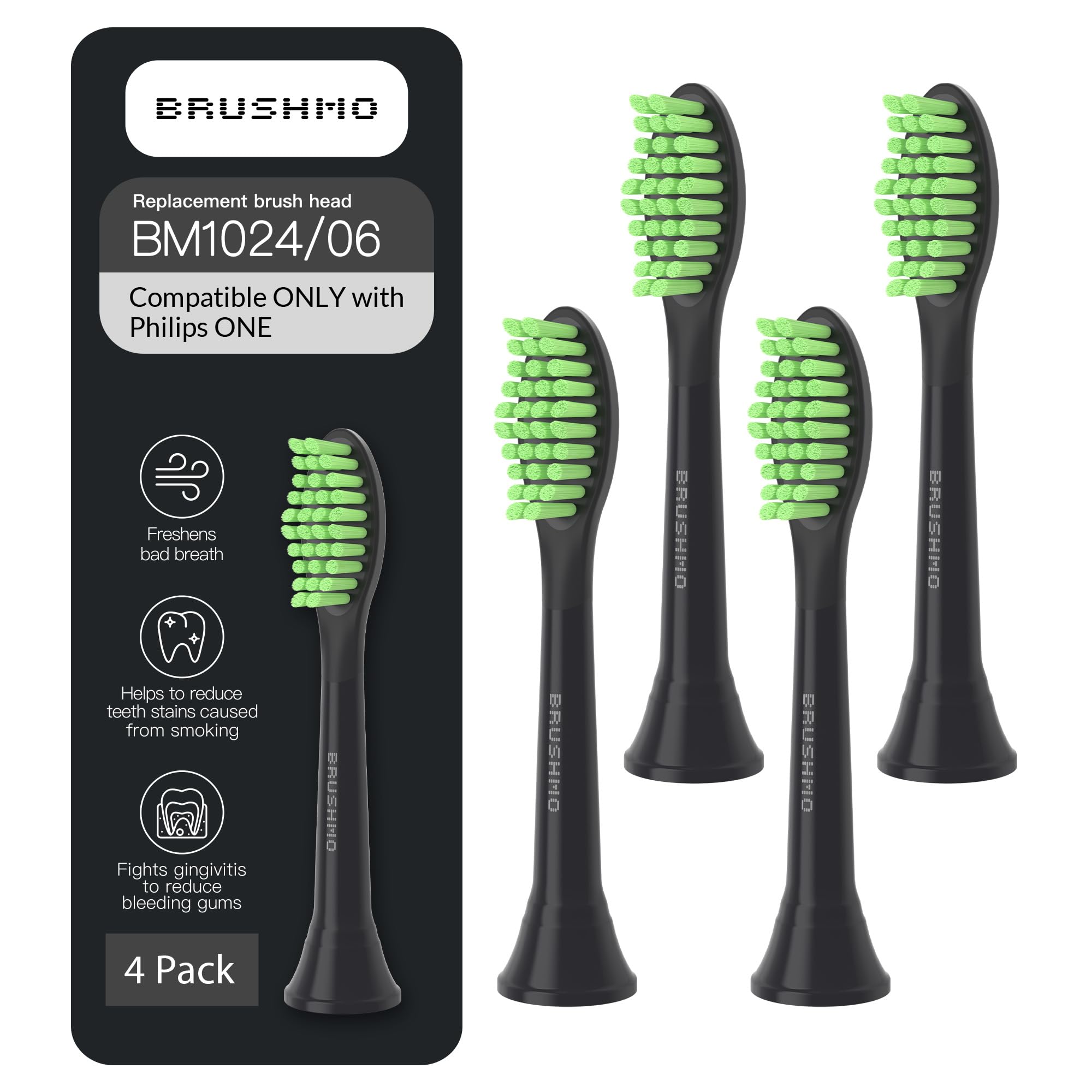 Replacement Toothbrush Heads, Compatible with Philips One for Sonicare Electric Toothbrush Handles HY1022, 4 Standard Heads with Tongue Cleaner, Soft Dupont Bristles, BM124m, Shadow Black
