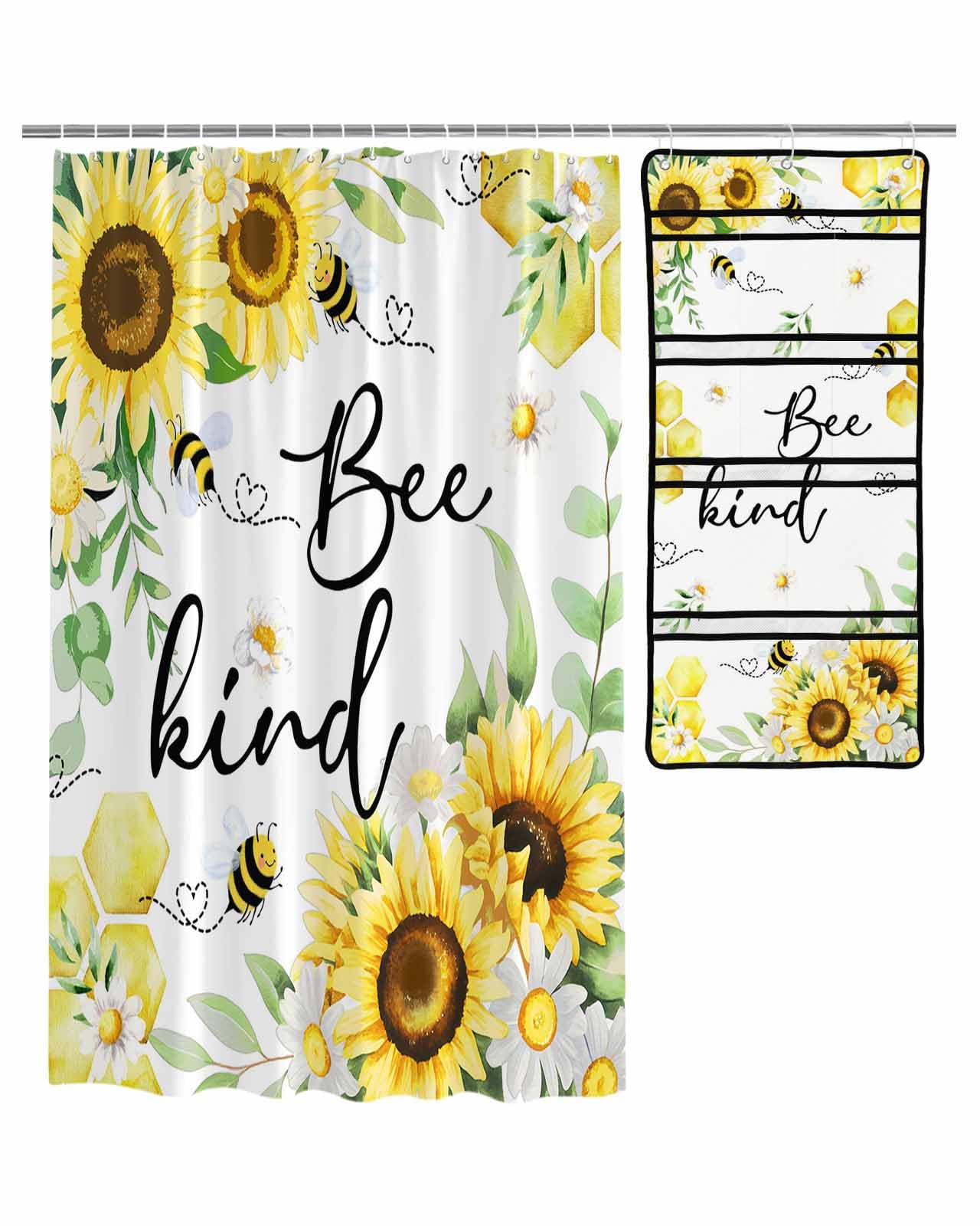 Decorative Shower Curtain Sets Bee Sunflowers Fabric Waterproof Shower Curtains Summer Watercolor Eucalyptus Leaves White Mesh Shower Caddy
