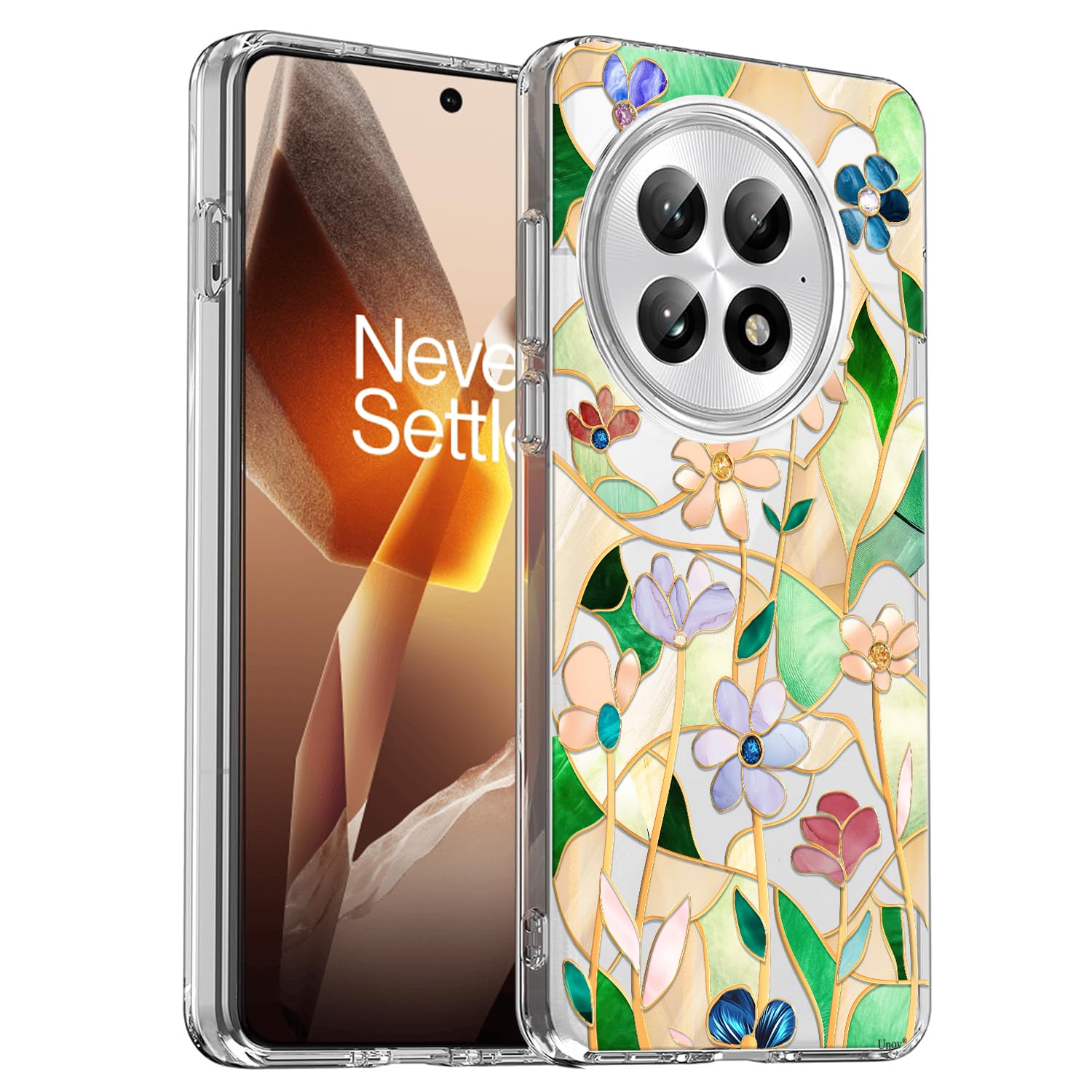 Unov Case Compatible with OnePlus 13R 5G Clear with Stained Glass Floral Flower Bouquet Girly Design Soft TPU Shock Absorption Slim Embossed Pattern
