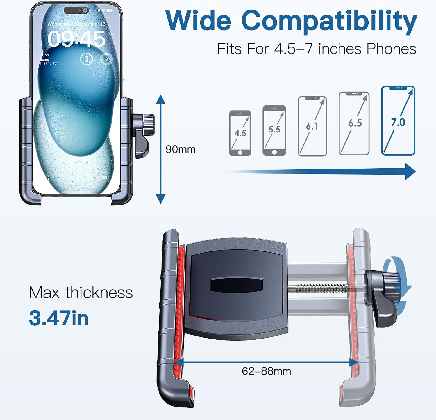 Bike Phone Mount Holder-[Quick Lock][Camera Friendly] Motorcycle Phone Holder Handlebar Clamp for Stroller Scooter Bicycle,360°Rotate Phone Mount Fits for 4.5"-7.0" iPhone & Android Phones