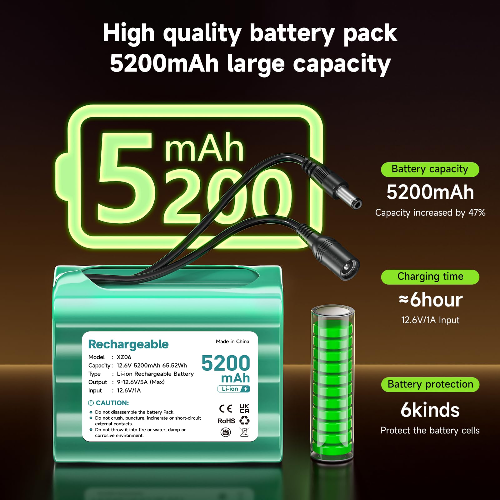 Batería Litio 12.6V 5200mAh, batería pequeña de 12V con Cargador y Adaptador Conector y línea conexión para Sonido, Dab Radio, iluminación bight, Faros, statespiano, Sonar