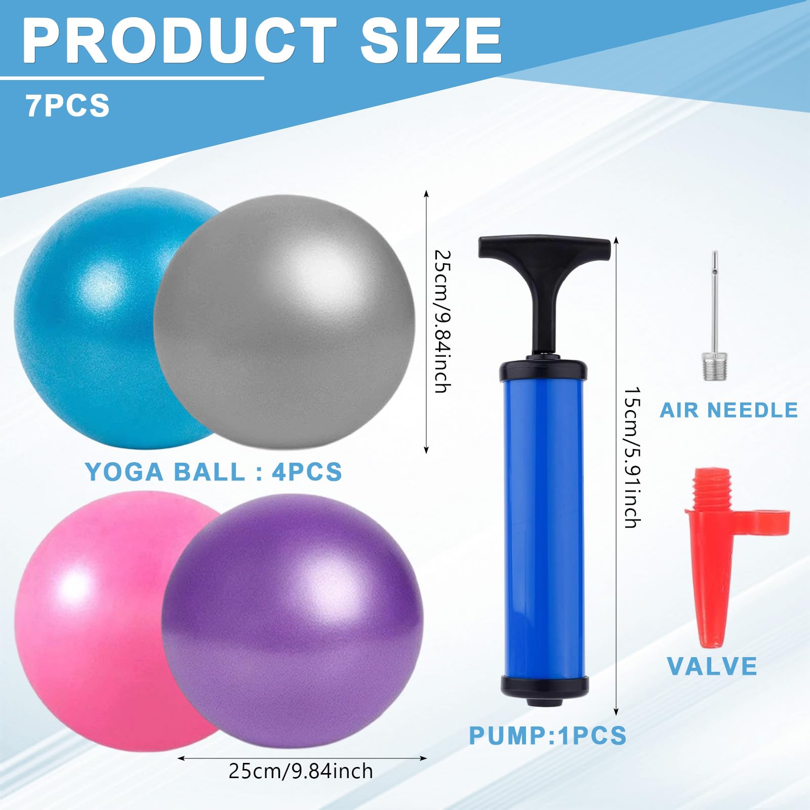 Pelota de yoga de 25 cm, juego de 4 pelotas de pilates mini fitness antideslizante con bomba incluida para entrenamiento en casa, oficina, estiramiento, equilibrio y gimnasia