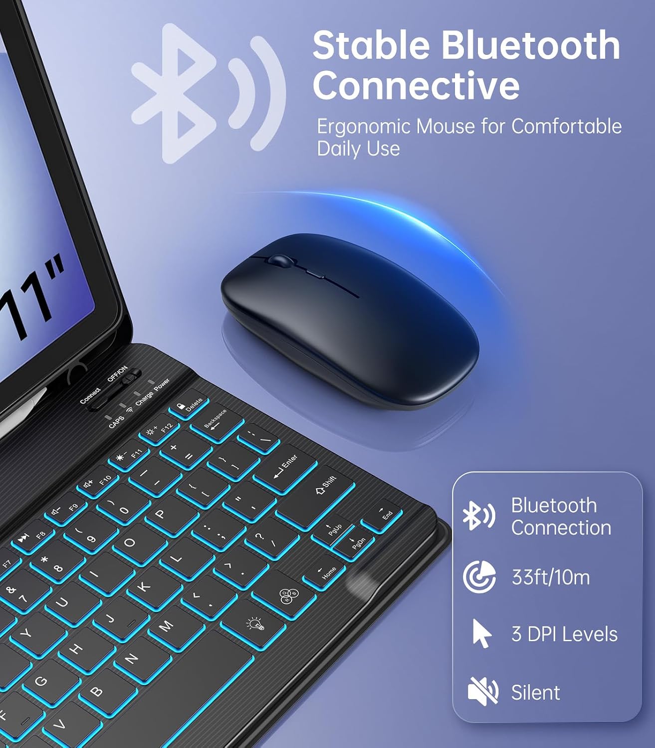 MoKo for Samsung Galaxy Tab A11 Plus/A9 Plus 11" Case with Keyboard & Mouse (2026/2024) - 7 Color Backlit Detachable Wireless Keyboard Cover with S Pen Holder for Galaxy Tablet A11+/A9+ Case, Black