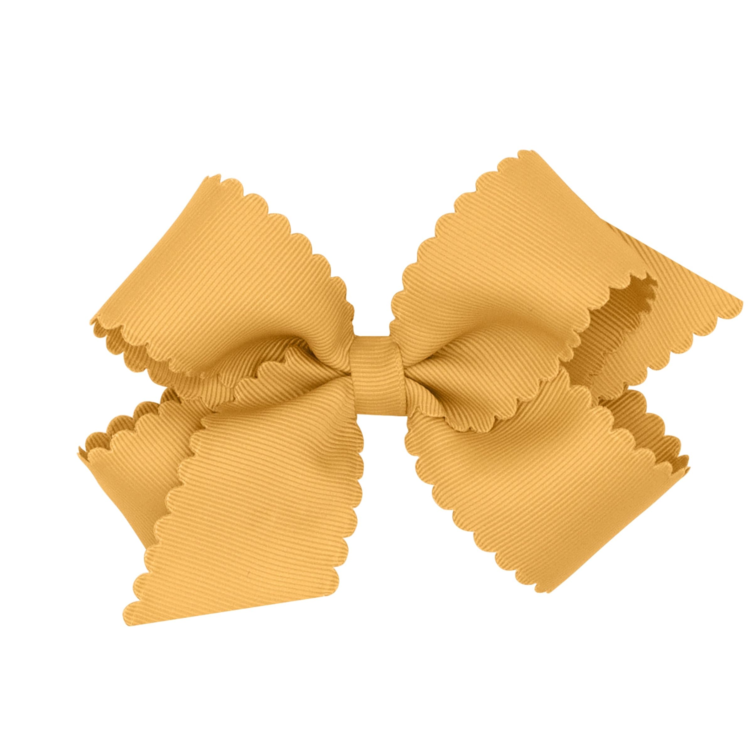 Wee Ones Girls' Classic Grosgrain Hair Bow with Scalloped Edges and Plain Wrap Center on a WeeStay Hair Clip, Medium, Old Gold