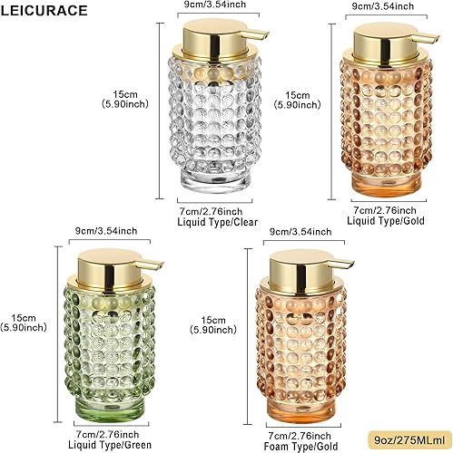 Miniatura 8 de LEICURACE Dispensador de jabón líquido de vidrio, dispensador de líquido recargable con bomba dorada, dispensador de jabón de manos para baño,