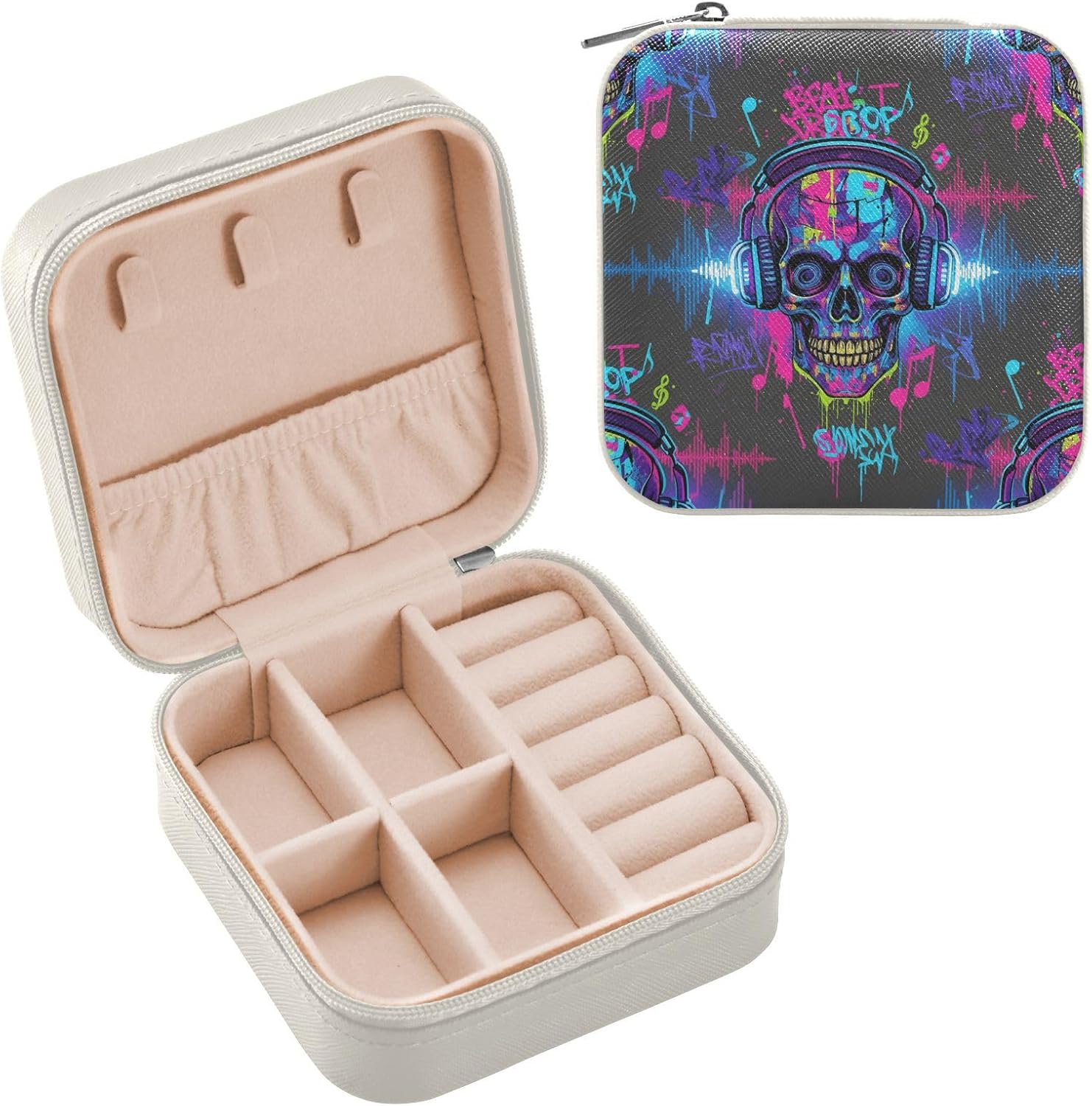 GuoChe Music Skull Print Jewelry Travel Case Mini Storage Organizer Earring Organizer Box for Necklaces Earrings Bracelets Storage Girls Mini Storage Organizer Gifts Portable