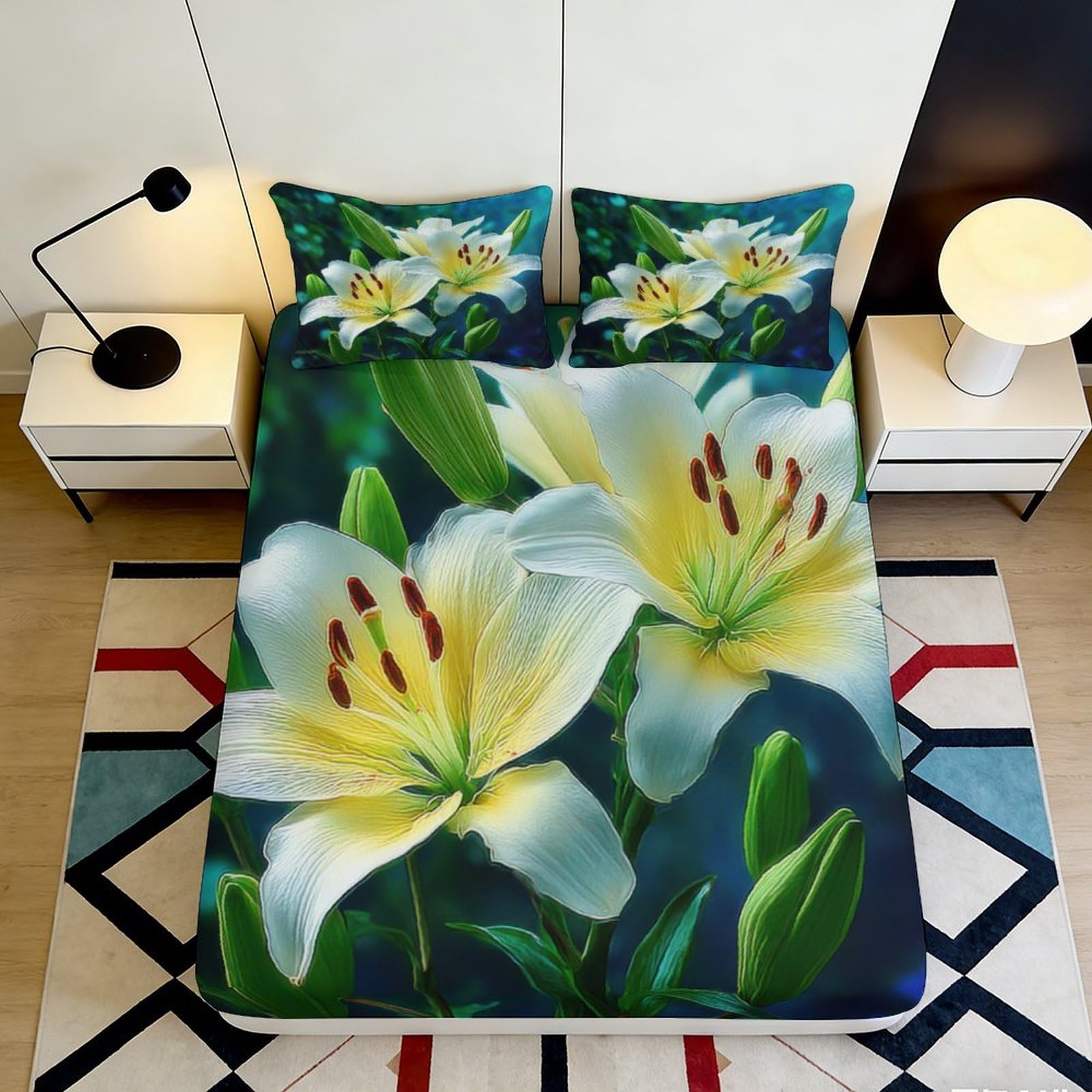 3D Printed lily Fitted Sheet, Microfiber soft touch, wrinkle resistant, guest room bedding, bed cover, easy care, green yellow floral 90x200x25cm