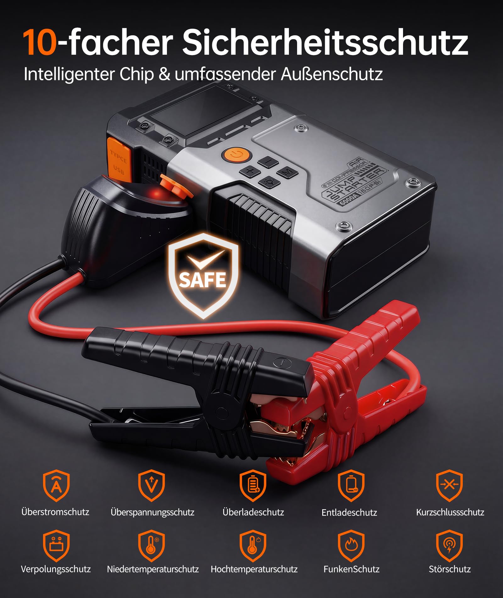 6000A Star thilfe Powerbank mit Kompressor 160PSI für Auto | Starthilfe Powerbank 6000A + 160PSI Kompressor. Geeignet für PKW, SUV, Motorrad, Boot. Verpolungsschutz. Inkl. LED-Lampe
