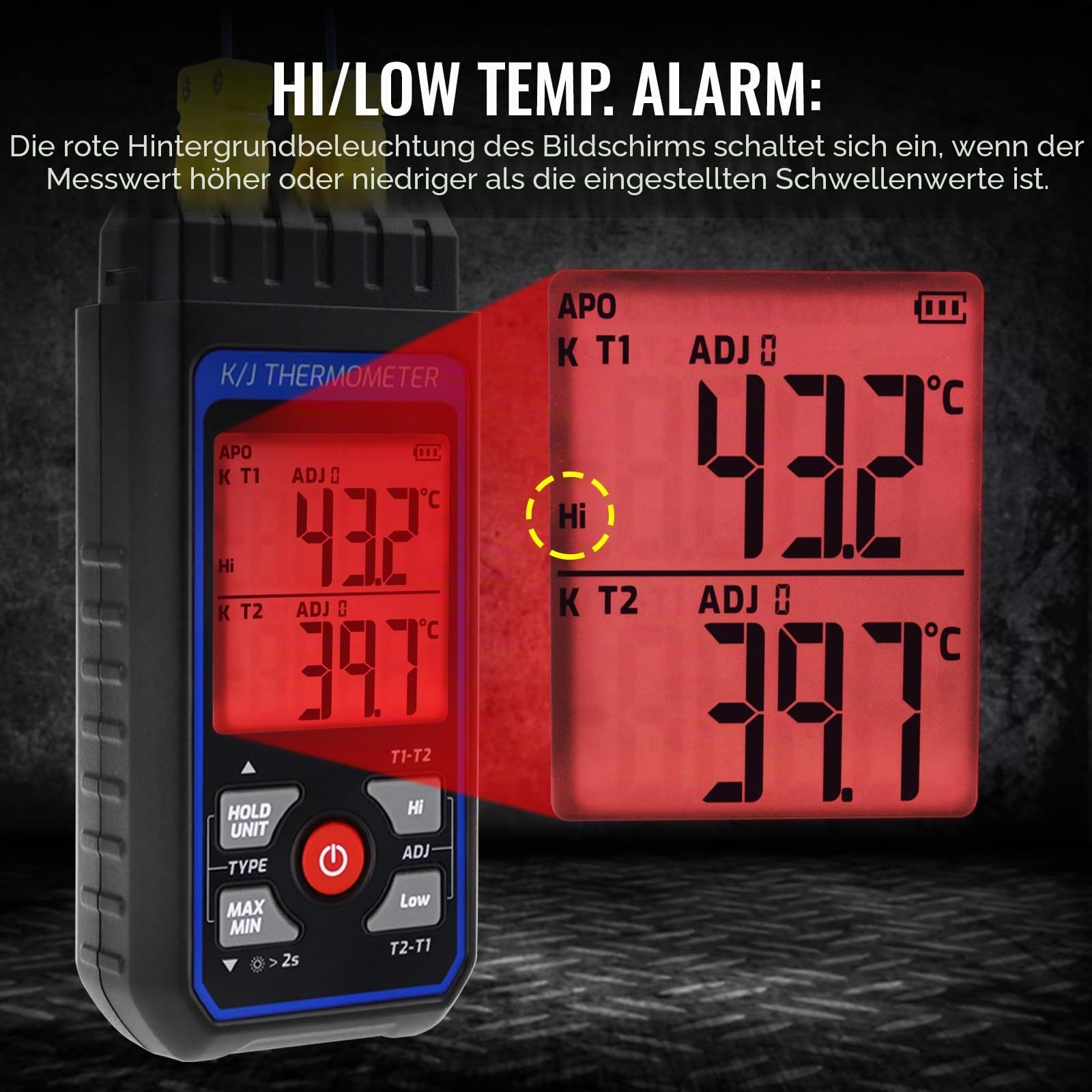 Dual-Channel K/J-Thermoelement-Thermometer mit 4 K-Type-Sensoren – Temperaturmessgerät mit Alarmfunktion & Kompensation (Max/Min/Hold) – Präzises Digitalthermometer für Industrie, Küche, Labor