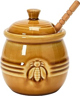 Creative Co-Op Farmhouse Embossed Stoneware Honey Pot with Wood Honey Di...