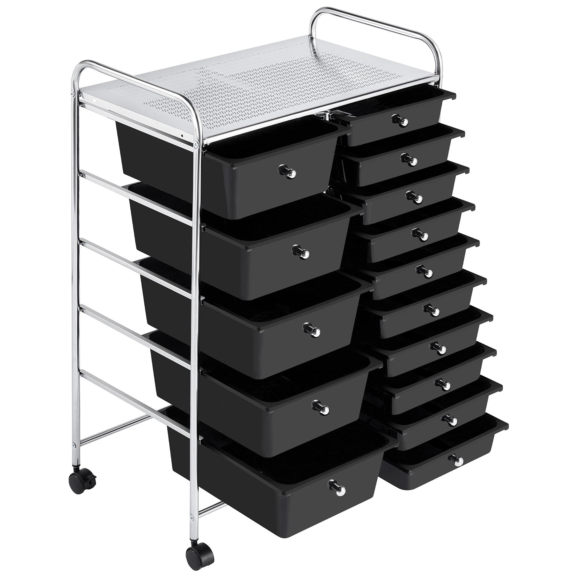 Topeakmart Utility Cart with 15 Drawers Rolling Cart Organizer Plastic Storage Drawers Craft Trolley 360 Castor Wheels Cart Black