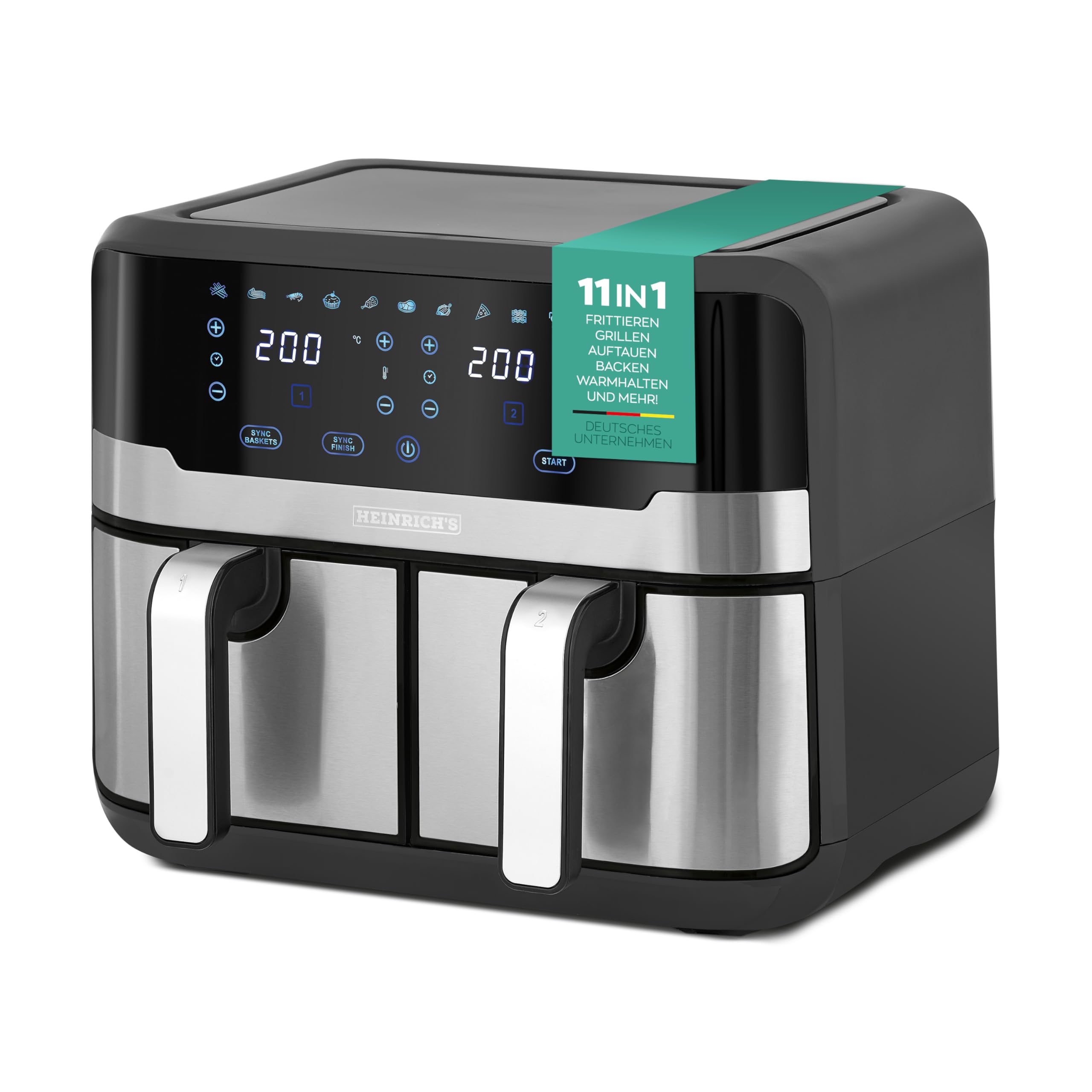 HEINRICHS frytkownica na gorące powietrze, podwójna frytkownica na gorące powietrze, XXL Air Fryer, frytkownica na gorące powietrze z podwójną komorą, 9 programów, wyświetlacz LED z obsługą dotykową,