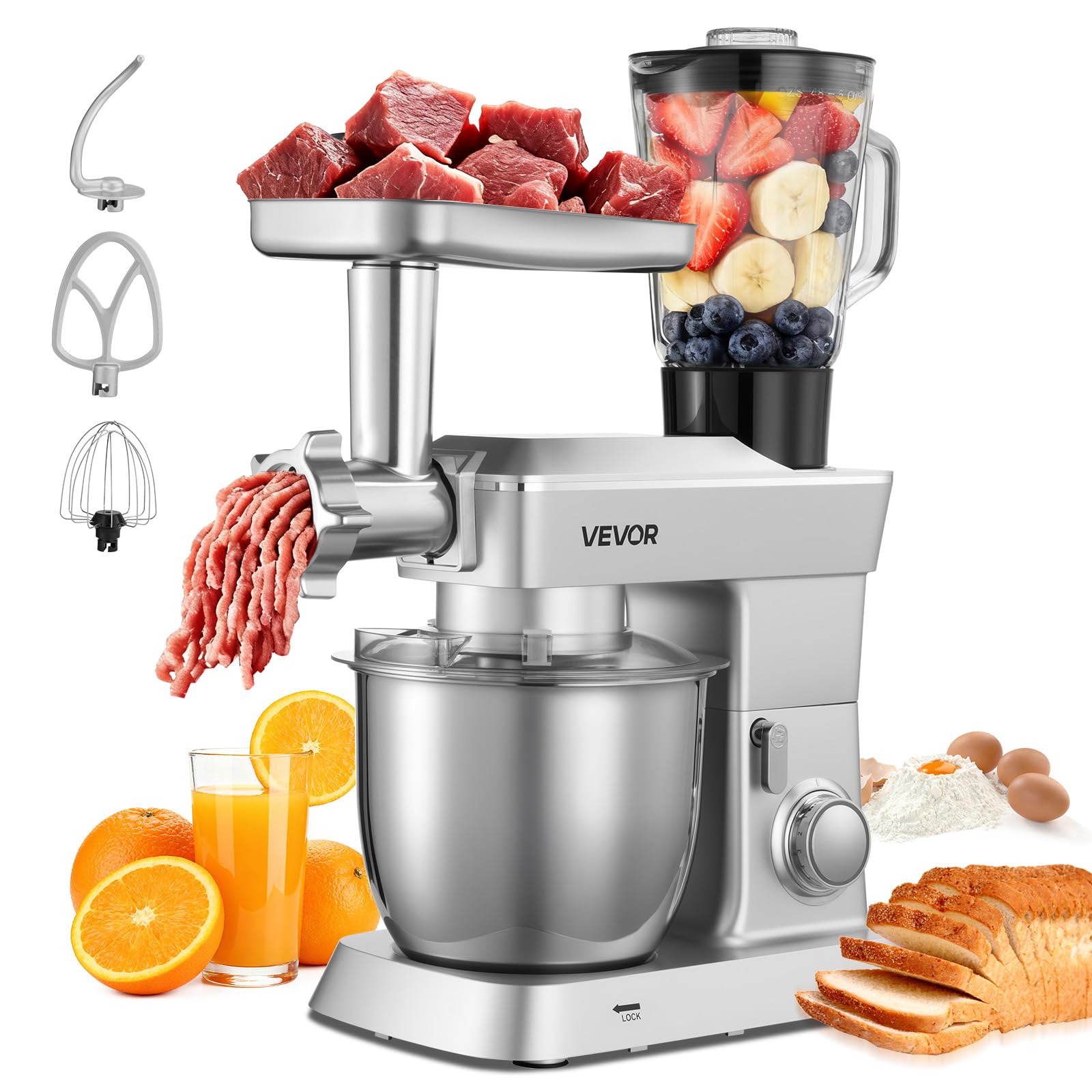 VEVOR Küchenmaschine 1300 W – Multifunktion, 4,3 L Edelstahlschüssel, 5-in-1