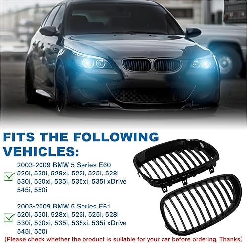 Miniatura 46 de Rejilla frontal F10 para riñón con doble listón, color negro brillante, compatible con BMW Serie 5 2010-2017, F10, F11, F18, Sedan 520i, 528i, 535d