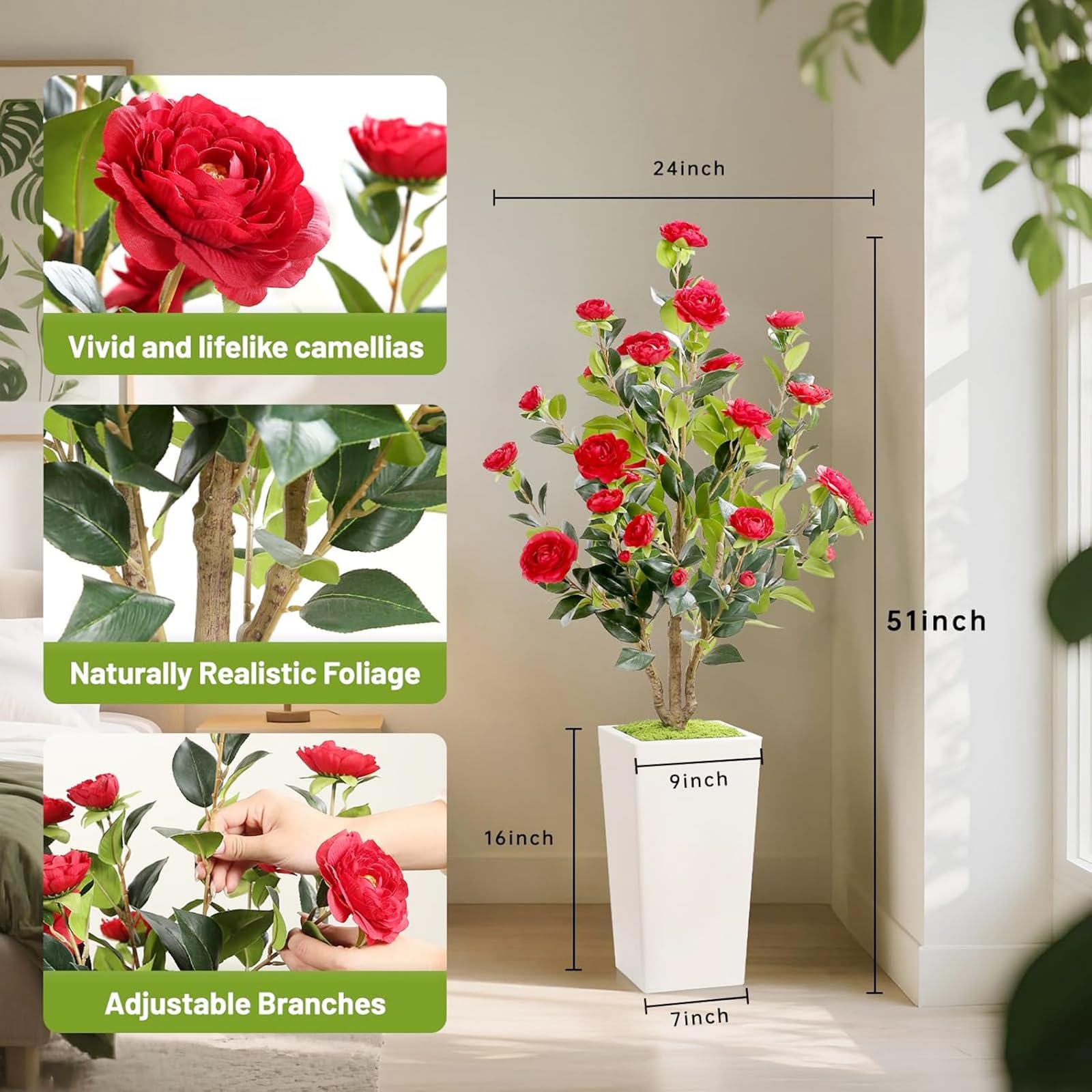 GarveeLife Árbol de Camelia Artificial con Maceta Blanca, 120 cm, Planta Artificial Grande en Maceta, con Hojas y Flores Ajustables, decoración para casa, Boda, Fiesta, jardín, decoración, Rojo