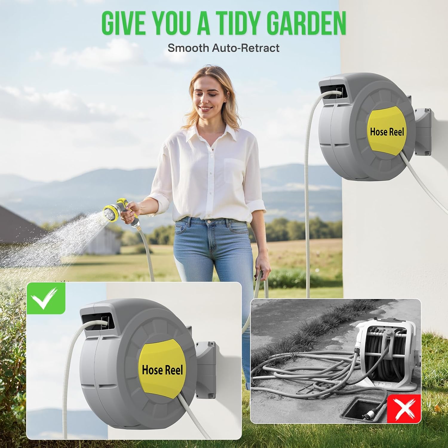 YQ-65ft x 5/16'' retractable garden hose reel, heavy-duty wall-mounted outdoor gardening hose, suitable for yard cleaning, pet showering, watering plants and tree irrigation