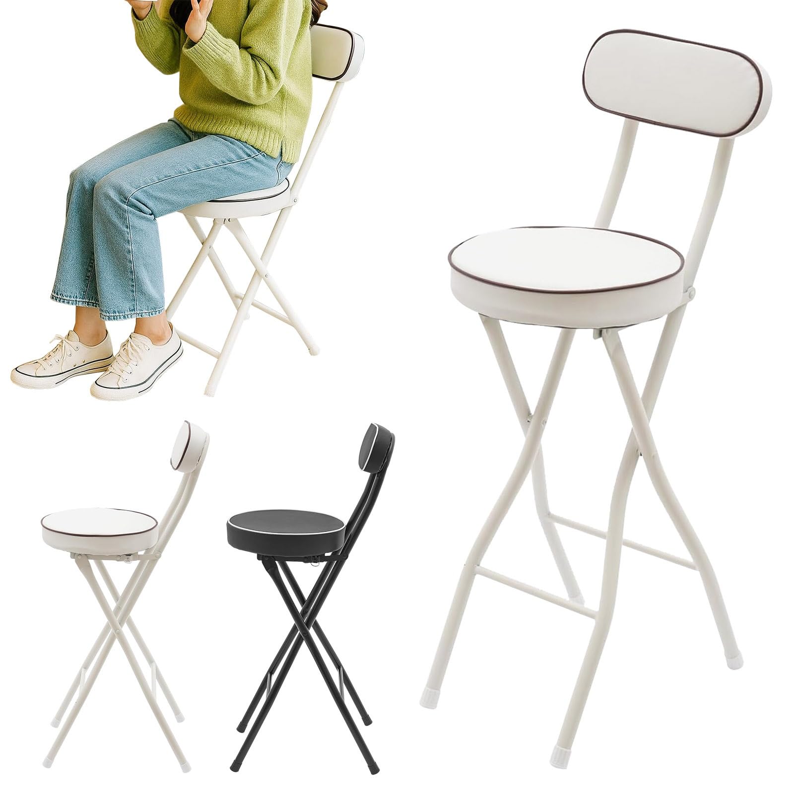 Taburete de bar portátil para exteriores, silla de bar plegable con respaldo, capacidad de 150 kg, sillas de cocina de acero, asiento redondo acolchado, altura ajustable 55-75 cm, no requiere montaje