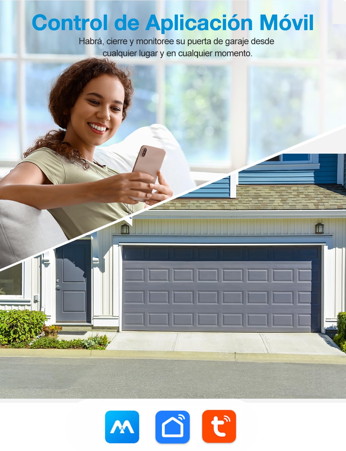 Maxcio Abridor de Puerta de Garaje Inteligente WiFi, Compatible con Alexa/Google Home, Control por Aplicación, control por Voz, compatible con CC y CA, No Requiere Hub, Con Control Remoto