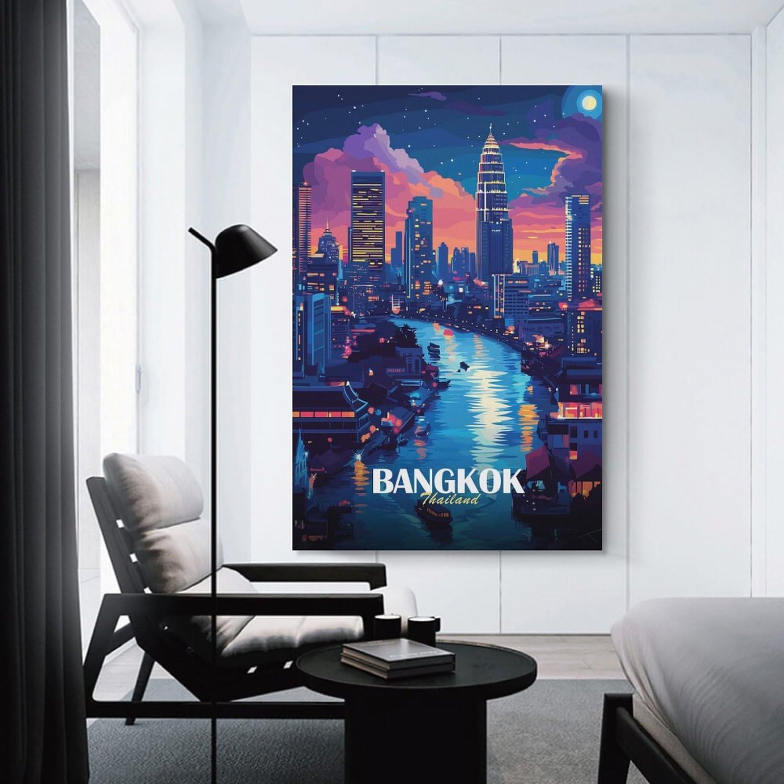 Junmoney Bangkok Thailand Cityscape at Night Decorative Canvas Print 24x36inch(60x90cm), for Flats, Guest Rooms Or Compact Rooms, Home Artwork for Modern Interiors