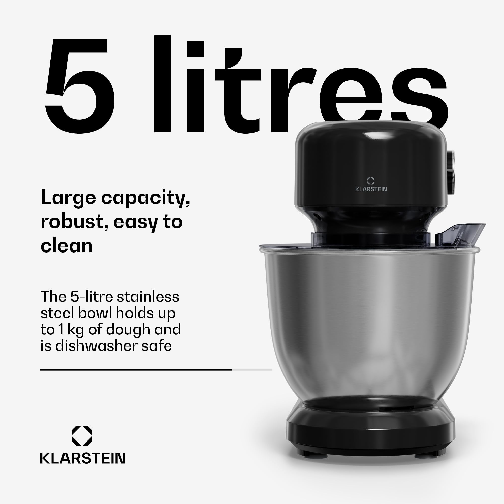 Klarstein Bella Evo Mikser planetarny 1500 W - miska ze stali nierdzewnej 5 l, 12 prędkości, system planetarny, puls, haczyk, trzepaczka i ubijak, wielofunkcyjny robot kuchenny, czarny, czarny