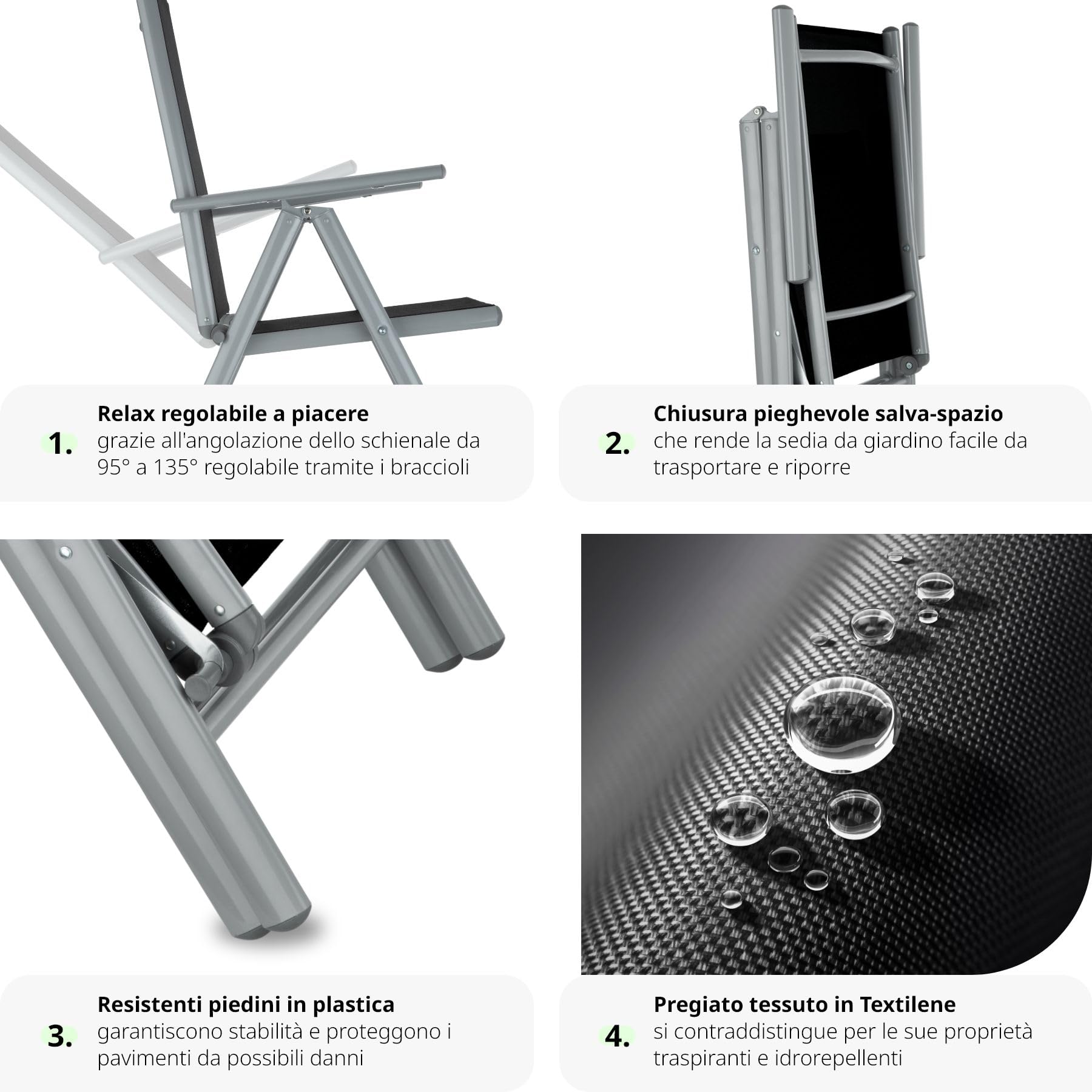 Tectake Set mobili da giardino tavolo massiccio con lastra di vetro di sicurezza telaio alluminio 8 sedie confortevoli grigio chiaro