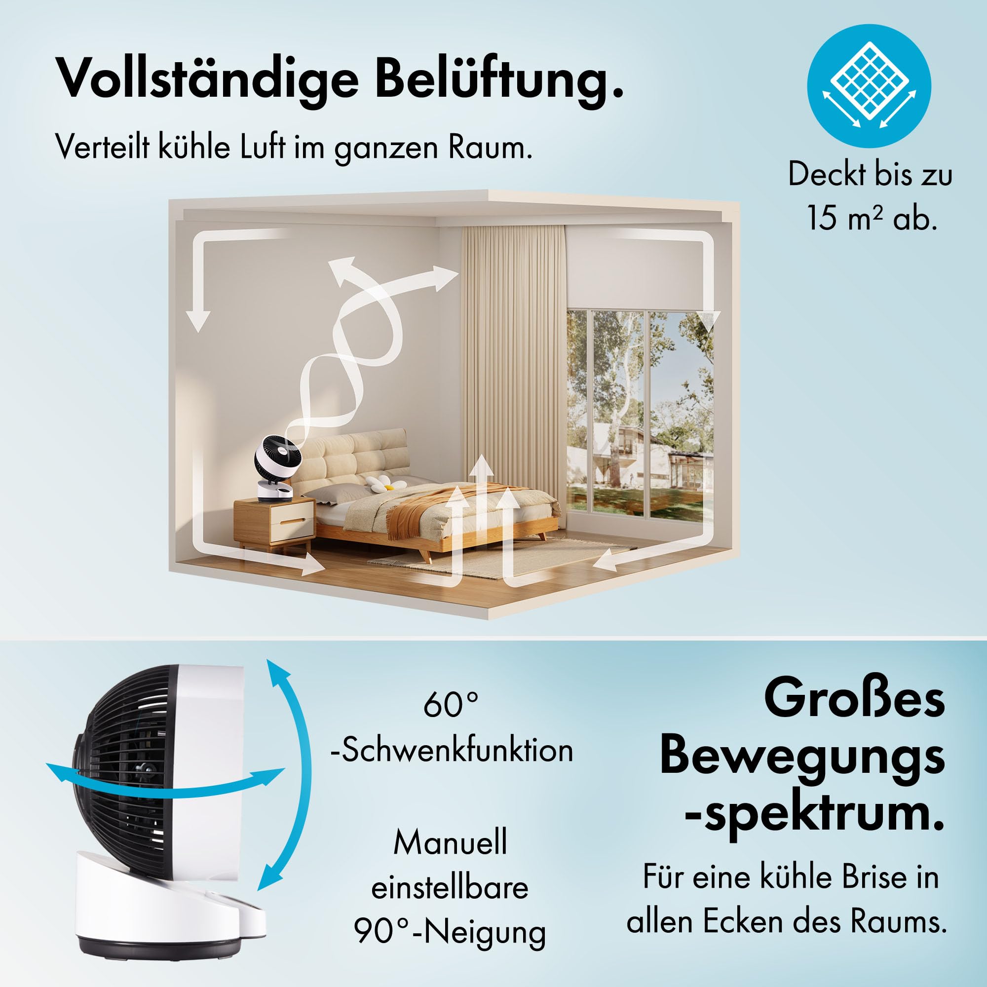 VonHaus Umluft Ventilator Leise Tischventilator 3 Geschwindigkeitsstufen 3 Modi Fernbedienung 12-h-Timer 60° Schwenkfunktion LED-Display