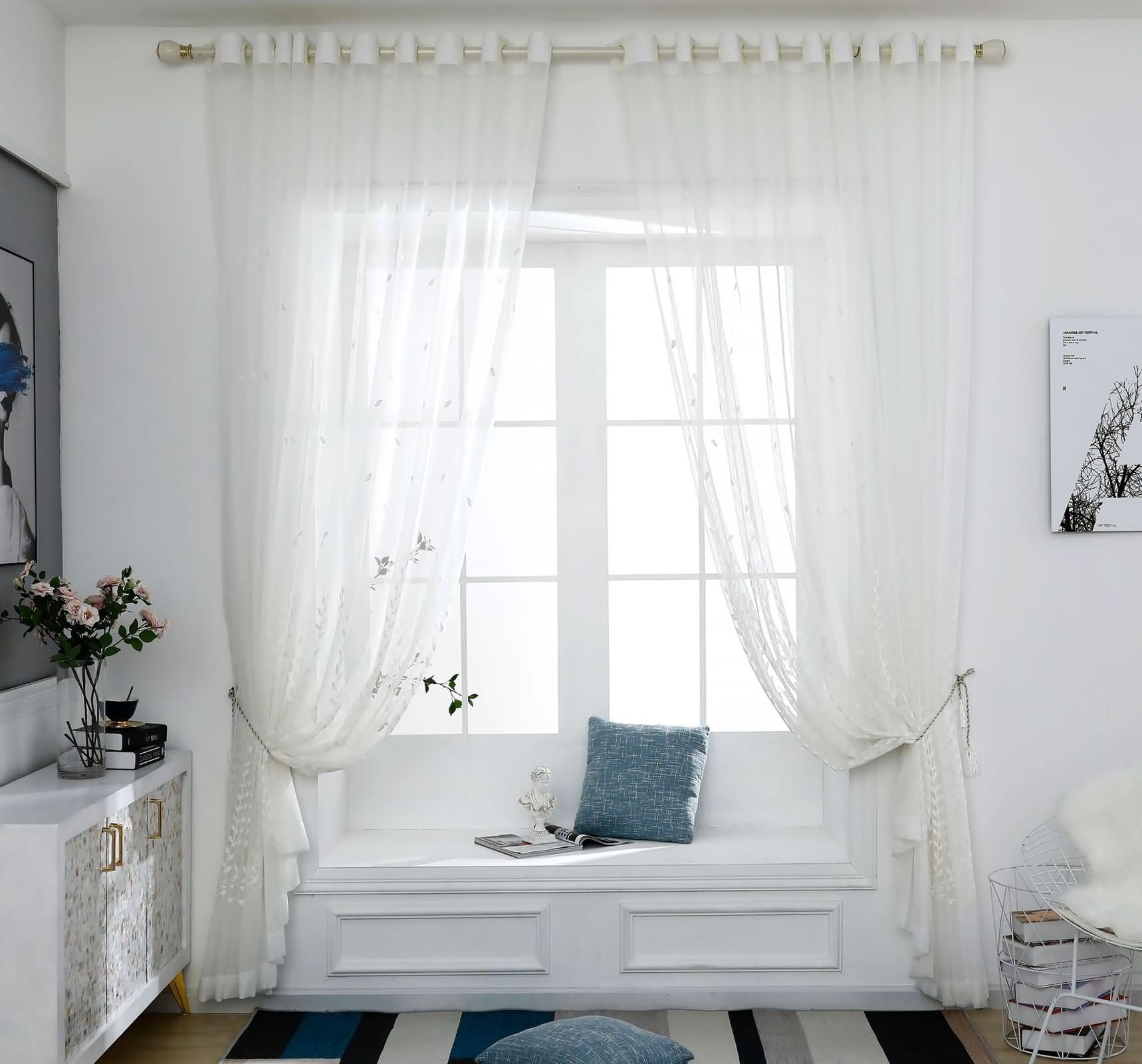 Tenda Salotto Trasparente, 250x270cm Modello a foglia jacquard Tenda decorativa per camera da letto/cucina, Occhiello, Bianco