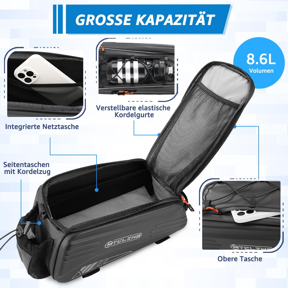 Eyein Fahrradtasche für Gepäckträger, 8,6L wasserdicht Hartschale Fahrrad Gepäckträgertasche mit Regenschutz und Schultergurt