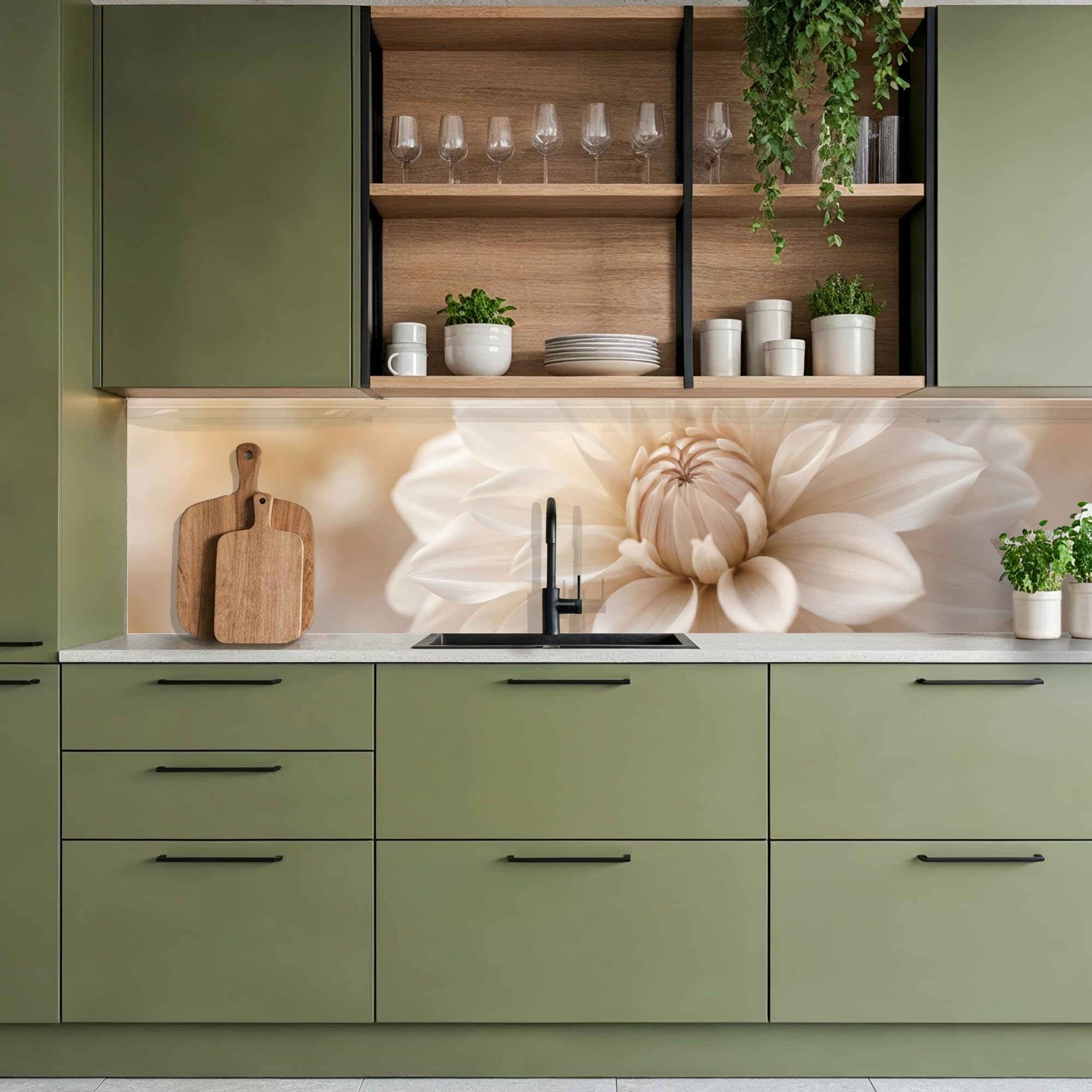 KitchenYeah© Antisalpicaduras Cocina 80x400 cm Adhesivo Salpicadero Protector Salpicaduras Kitchen Flor - Dalia - Blanco