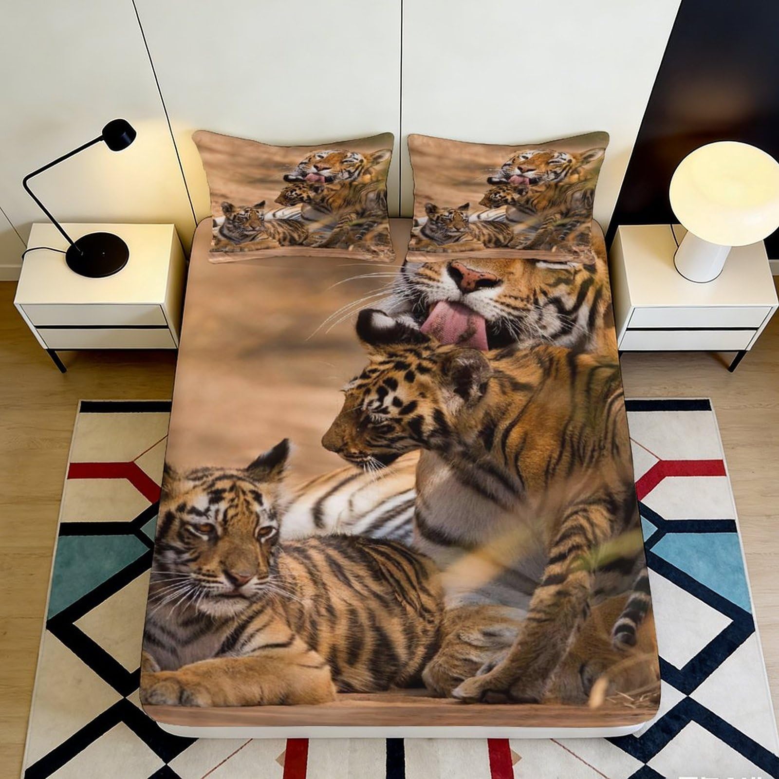 3D Printed Tiger Family Fitted Sheet Microfiber Soft Breathable Jungle Pattern Mattress Cover for Bedroom Dormitory Guest Room Mattress Protection Decor 140x200x25cm
