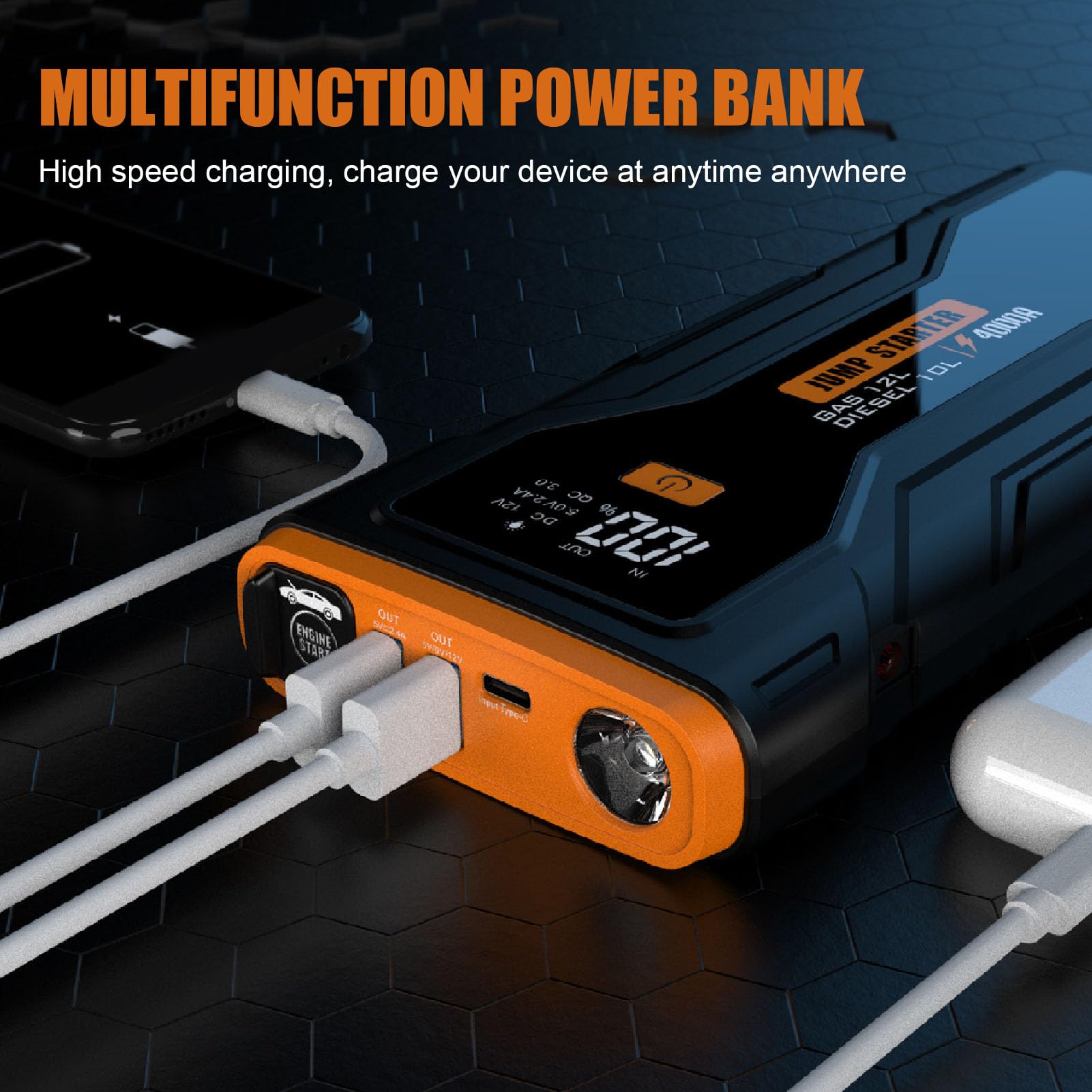 Avviatore di Emergenza per Batteria per Auto, Pacco Batteria 2000A 8000mAh 12V con Gonfiatore per Pneumatici, Custodia di Stoccaggio, Luce di Emergenza, Scatola di Emergenza