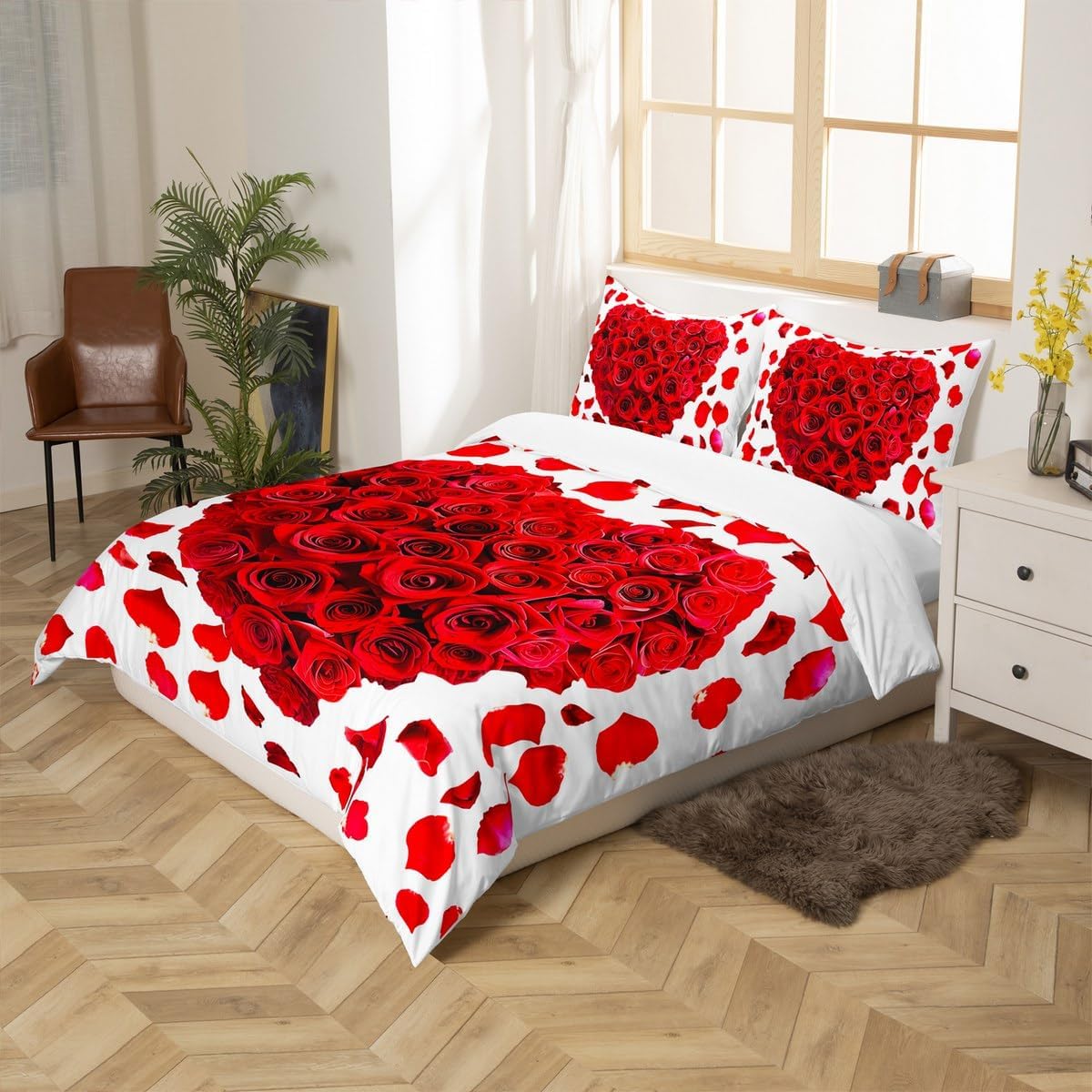 Red Heart Duvet Cover Set King Size,Rose Floral Petals Bedding Set 3pcs for Man Woman Adult Room Decor, Valentine's Day Gift Comforter Cover Wedding White Romantic Quilt Cover with 2 Pillowcases